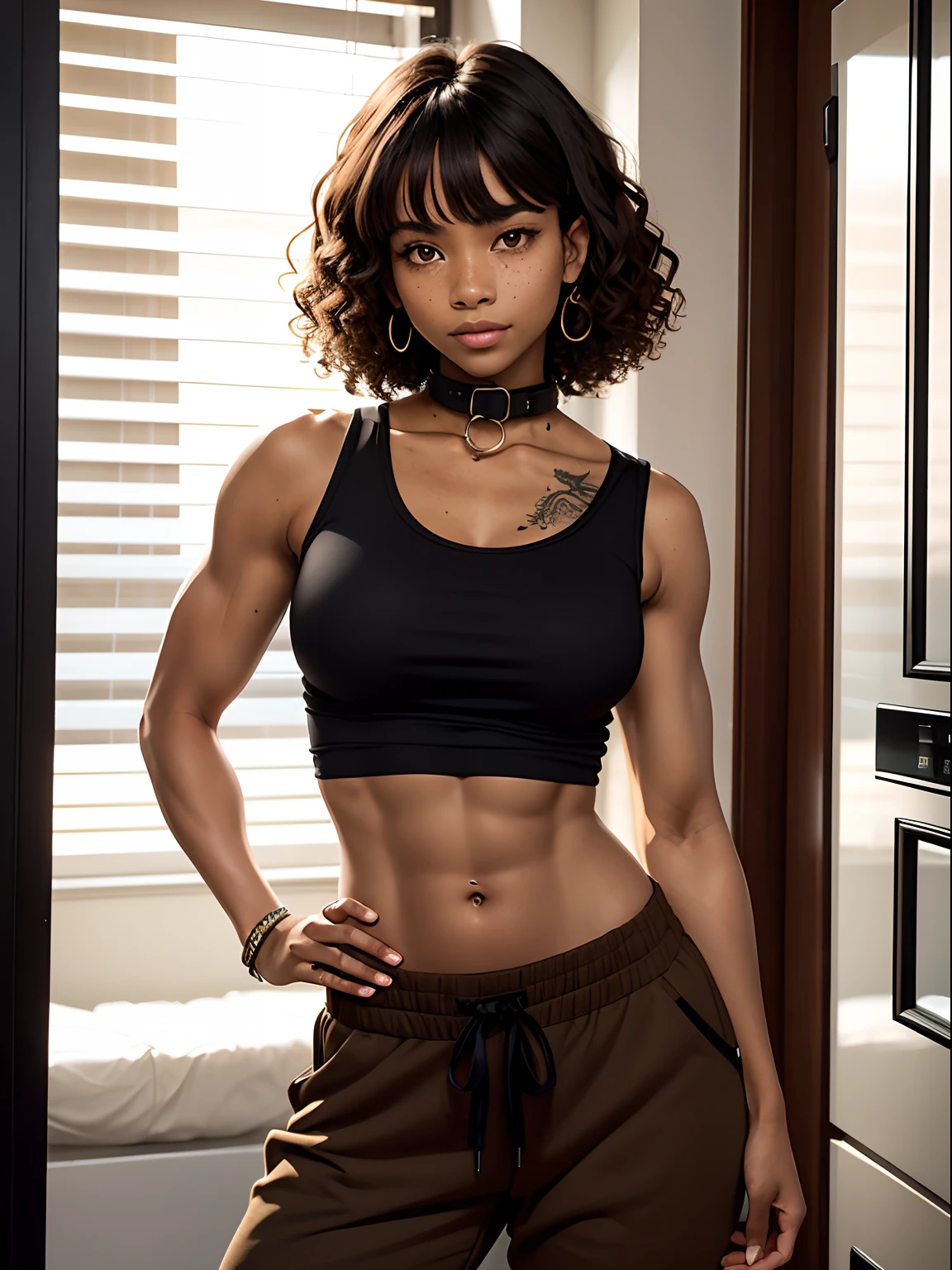 One woman with brown skin, brown skin, brown skin (156cm, 123pounds). Curly hair with bangs, dark brown color at shoulder length. Dark brown eyes, slightly slanted and almond-shaped, reminiscent of a fox, small mouth, a little chubby cheeks, oval face.
Inverted triangle body.  Not so skinny, A little muscular, scar vertical on her abdomen and left arm. Vertical scar on right eye, white (blind) right eye, dragon tattoo on collar bone for biceps. 53cm (thigh), 80cm (bust), 82cm (hip), 67cm (waist), 96cm (shoulder), brown skin. Clothing: Closed black shirt, baggy black sweatpants and a larg open white jacket. scar vertical on her abdomen. She has spots (as if they were freckles, but they are not freckles) on her back, stomach, arms and shoulder, Vertical scar on right eye, white (blind) right eye.