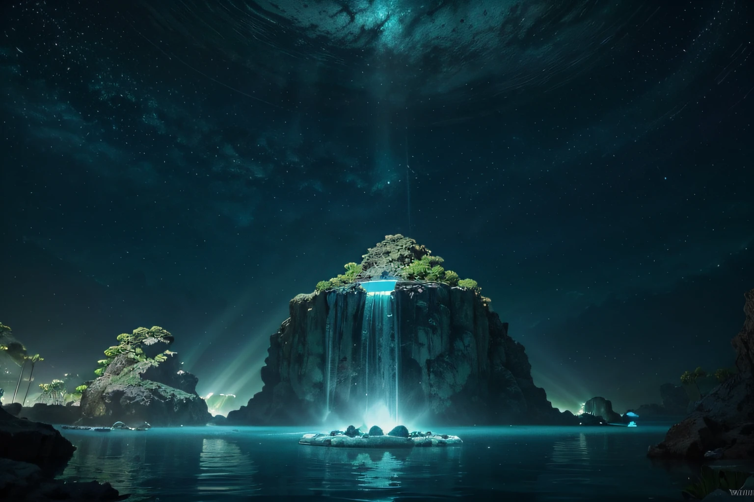 wonderful oasis, oasis made for the gods, There's lots of water, the water is glowing blue and green, A sight for the gods to see, it is in space, lots of stars, universe, mythical oasis, mystic, gloomy, glowy, blue lighting, green lighting, cyan lighting, cyan colors, cyan vibe