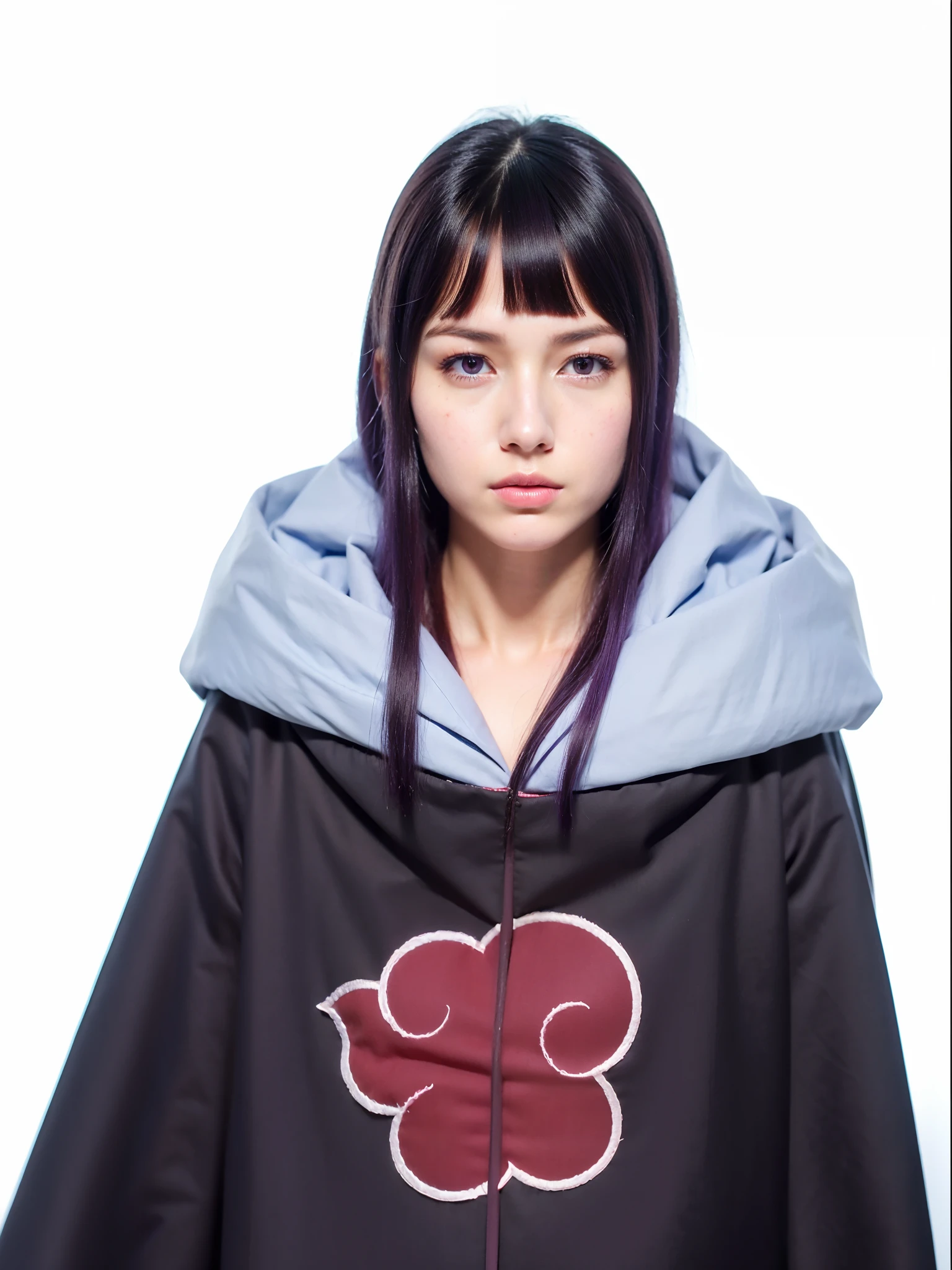 High quality image, masterpiece, detailed hair texture, detailed skin texture, detailed cloth texture, 8k, add fabric details, ultra detailed skin texture, ultra detailed photo, skin pores, portrait of a girl, purple eyes, purple hair, wearing Akatsuki suits, add cloth details, high skin details, realistic hair details