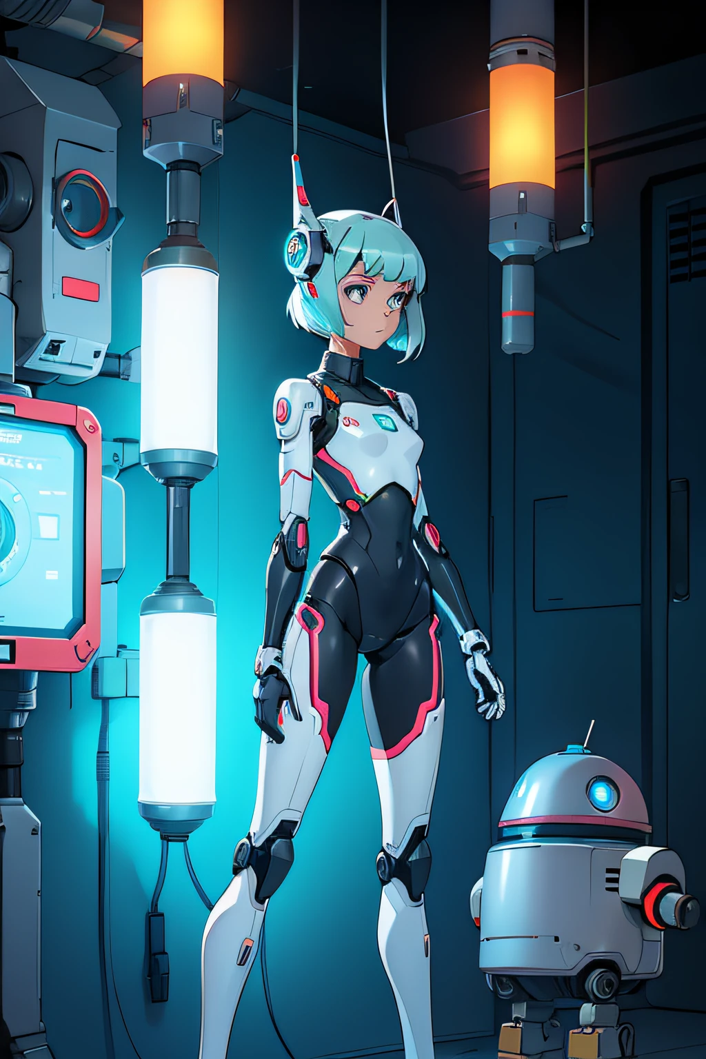 Girl with robot arms and legs, arms separated from the body connected by a light
