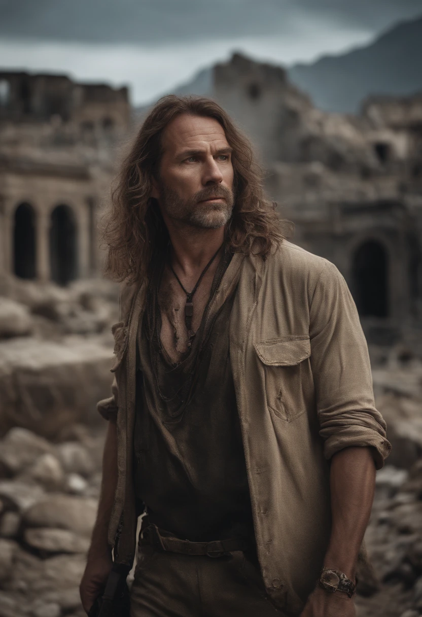 RAW photo, Close-up portrait photo of Brutal 45 Y.o Man in wasteland clothes, Long hairstyles, Pale skin, Slim body, The background is the ruins of the city, (highdetailskin:1.2), 8K  UHD, Digital SLR, Soft lighting, High quality, filmgrain, Fujifilm XT3