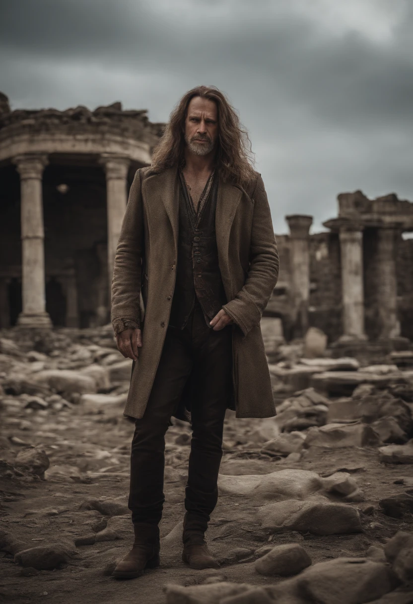RAW photo, Close-up portrait photo of Brutal 45 Y.o Man in wasteland clothes, Long hairstyles, Pale skin, Slim body, The background is the ruins of the city, (highdetailskin:1.2), 8K UHD, Digital SLR, Soft lighting, High quality, filmgrain, Fujifilm XT3