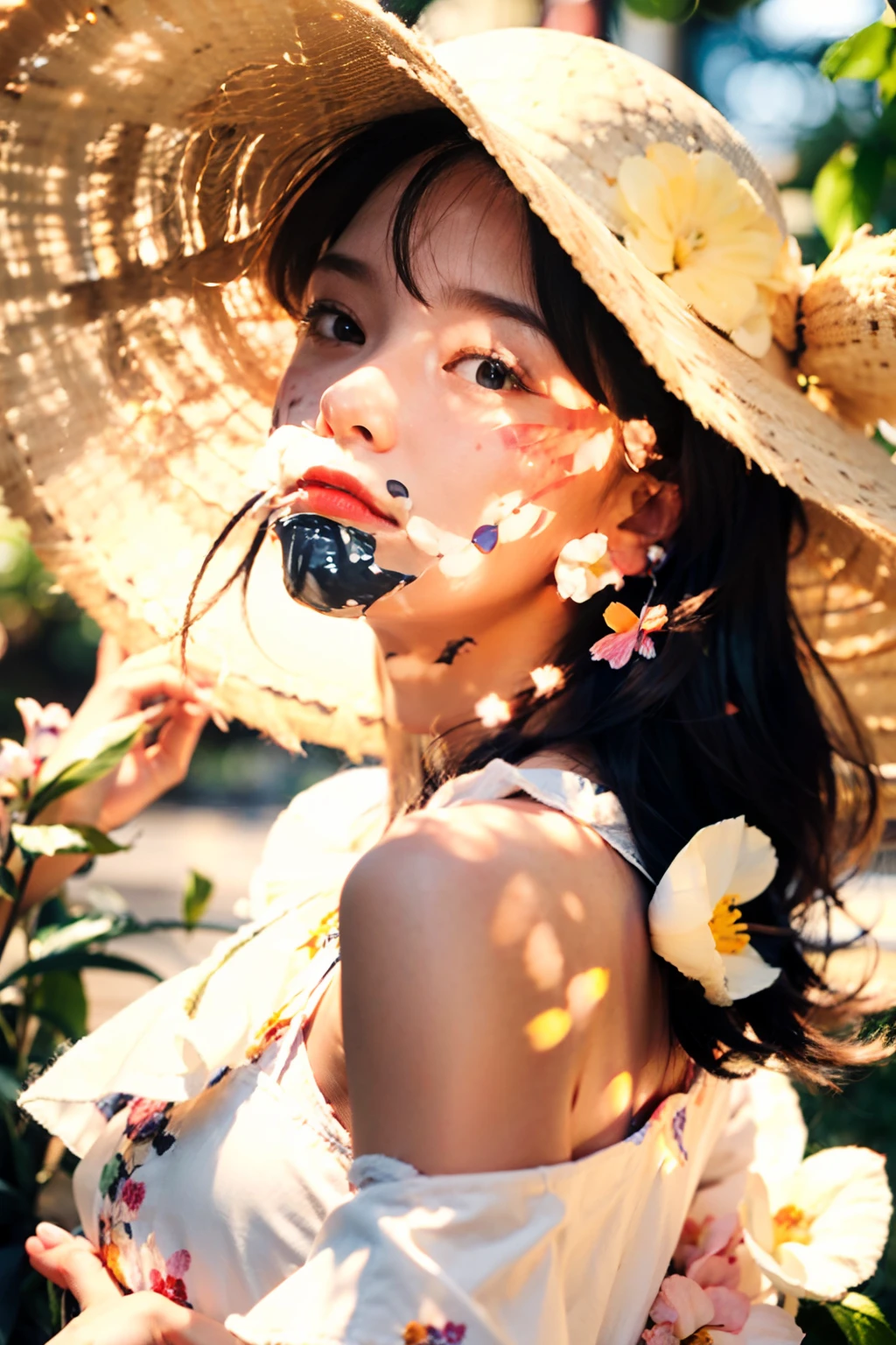 (extreme close - up:1.5)、(sface focus:2)、(Style of???? ???:1.5),
((Lateral face:2))、(1 soft_light:1.Girl Surrounded by 5)、(back lighting:1.8)、(illuminating)、(Flowing cloth:1.3)、((Floral_summer_dress:1.5)、(Straw_hat:1.3))、
(​masterpiece), realisitic, HDR, high-detail, 8k, Raw photo,
ambient occlusion、Natural and harmonious composition、Warm tones、fine-art photography、swim wears