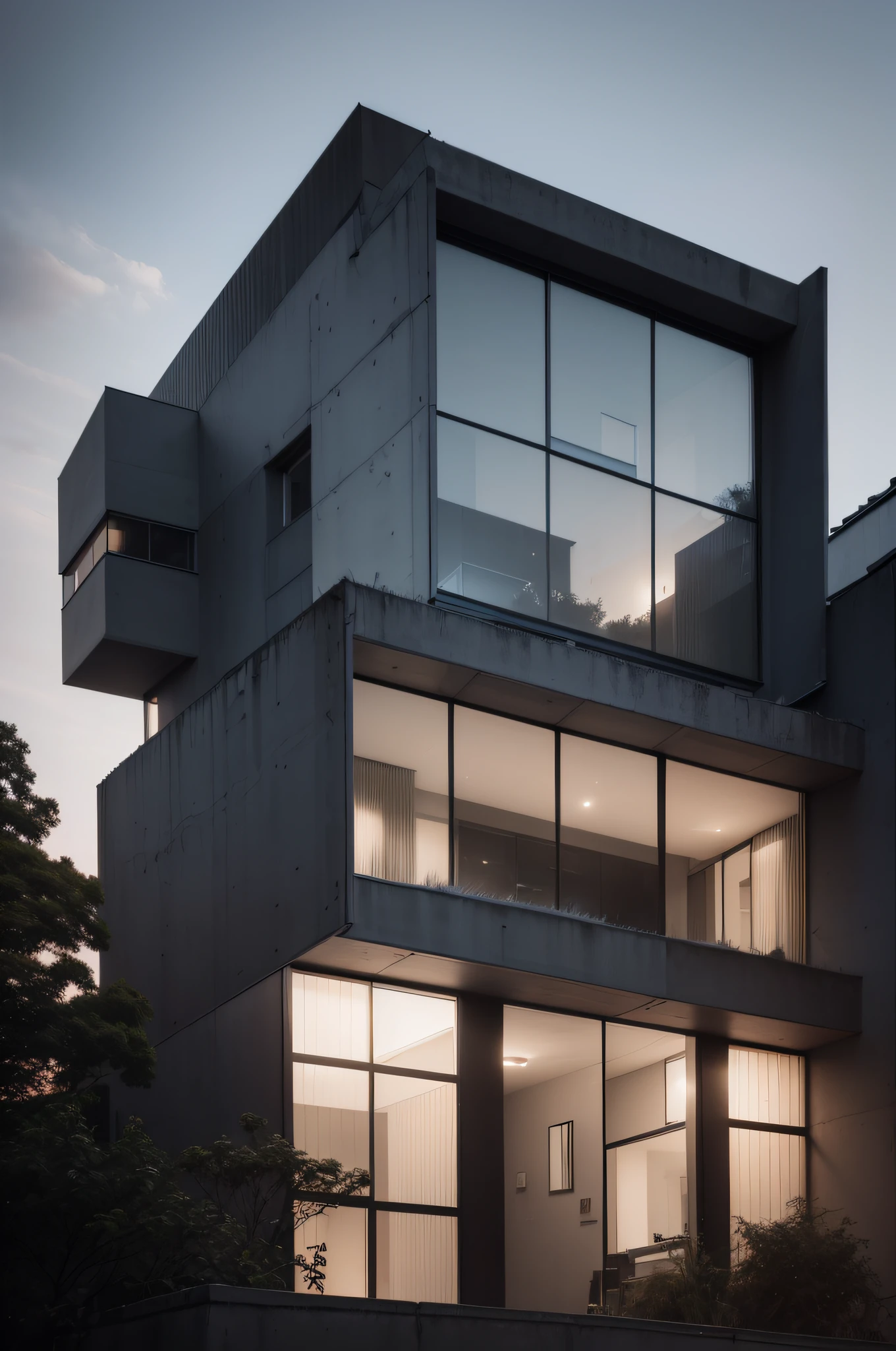 Bauhaus style house, glass and Brutalist concrete house with a sloping roof, modern, dynamic (RAW photo, real, best quality, masterpiece:1.2), (hyper realistic, photo-realistic:1.2), high quality, (dark lighting:1.2), dusk, perfect lighting, trending on archdaily.