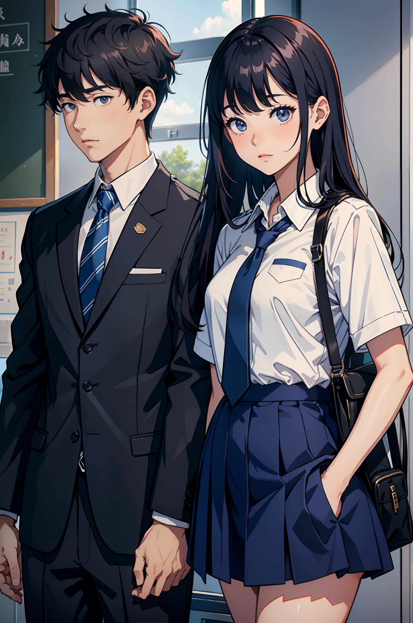(top-quality、8K)Couple of men and women in high school uniform、Classroom、Men and women with height difference