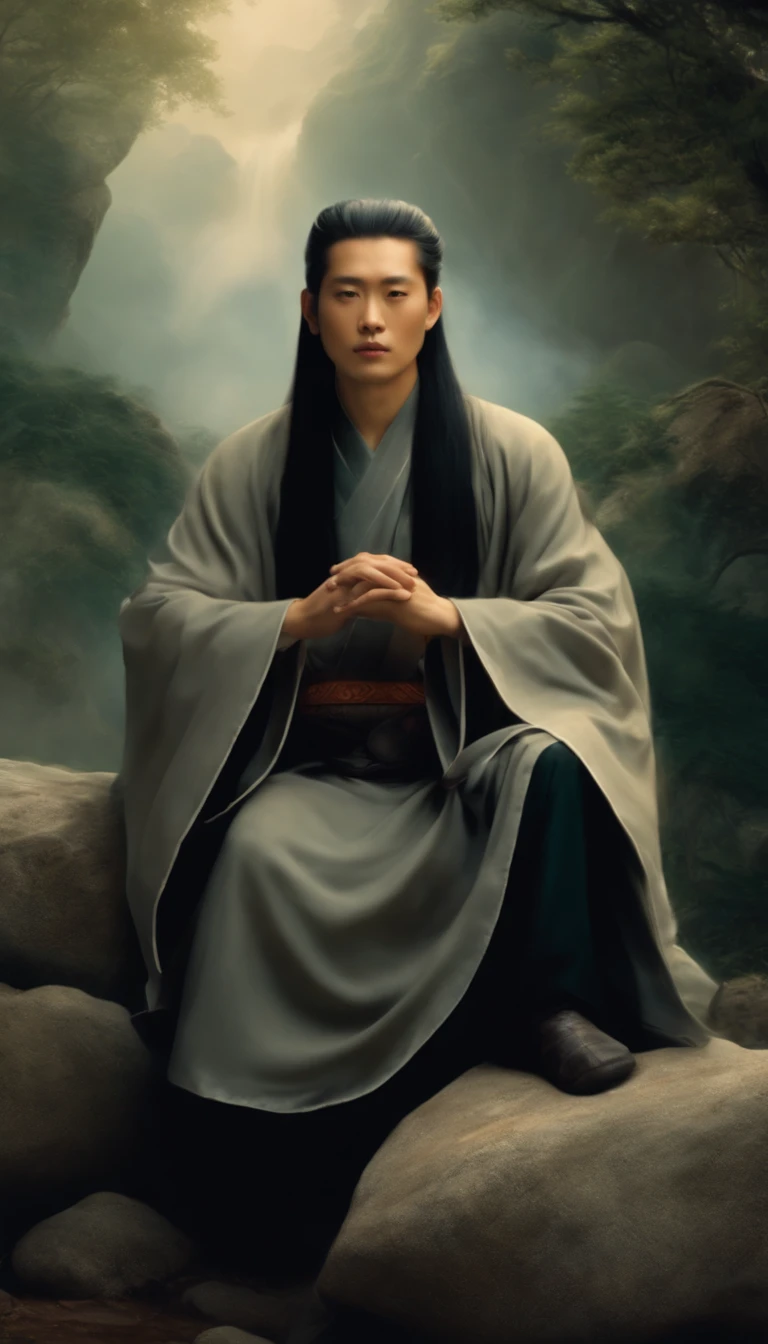 Close-up of a young Chinese Taoist leader sitting on a rock,long, whitish hair,barba,Cross-legged meditation,Taoism, vestindo um manto preto,magical aura,taoist master,taoist,no centro,Encare a lente,cores muito brilhantes, light particles, com luz brilhante, Mshiv, Arte do papel de parede, Papel de parede UHD