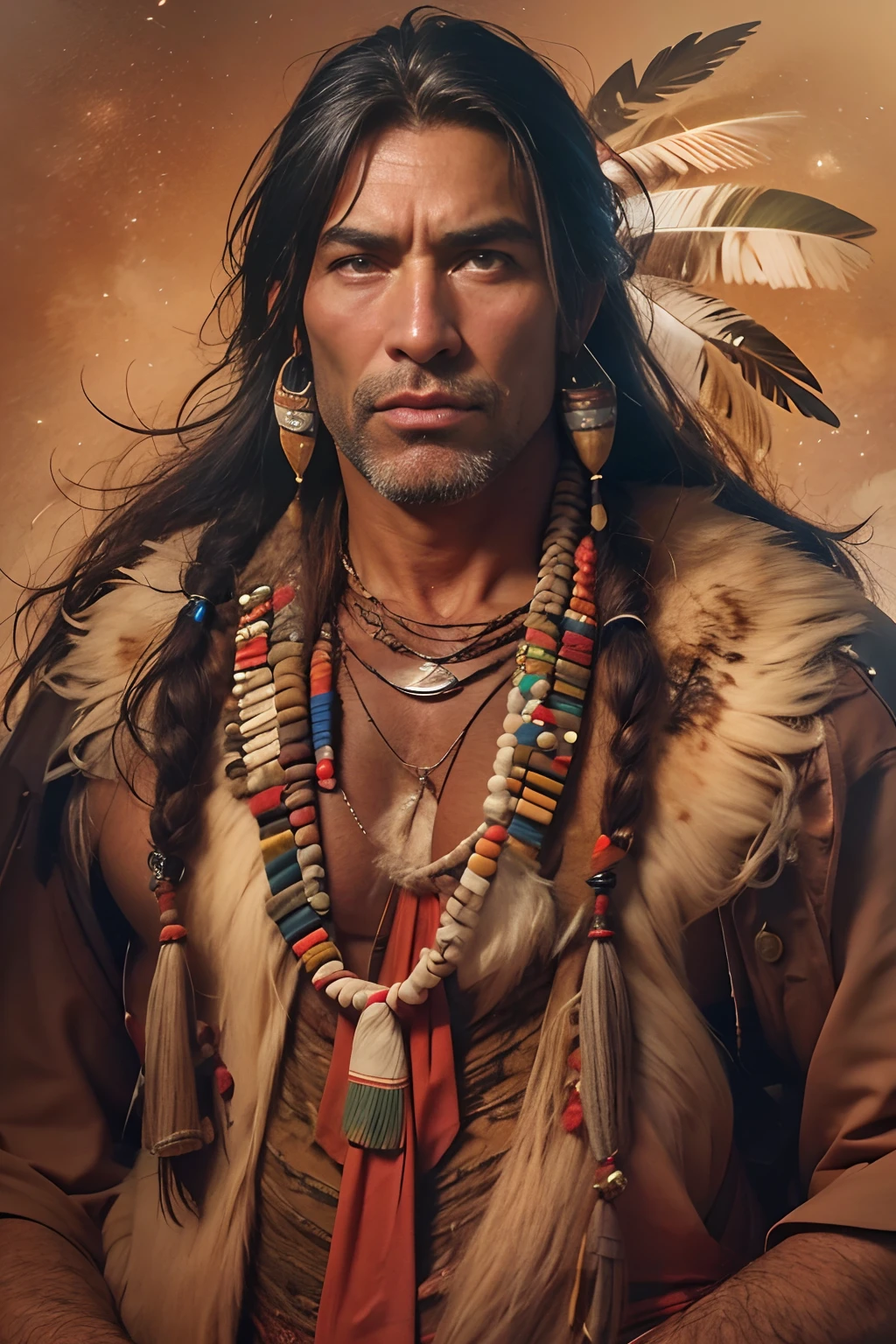 45-year-old man，a handsome, An Apache North American Indian, broad-shouldered, Ethno, Boho, hairlong, By the fire, Sportsman, Languid look, red underpants（A detailed eye：1.3），BazleColor Eye，full bodyesbian