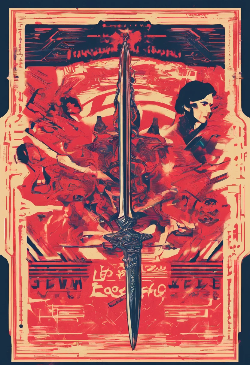 Create a typography A4 poster with the theme "The sword has two edges, the mouth has a hundred shapes". Using the image of a sword shape piercing through many mouths shape with many different mouth shapes, horizontal design, using 2 colors red and black, (retro style), (best quality).