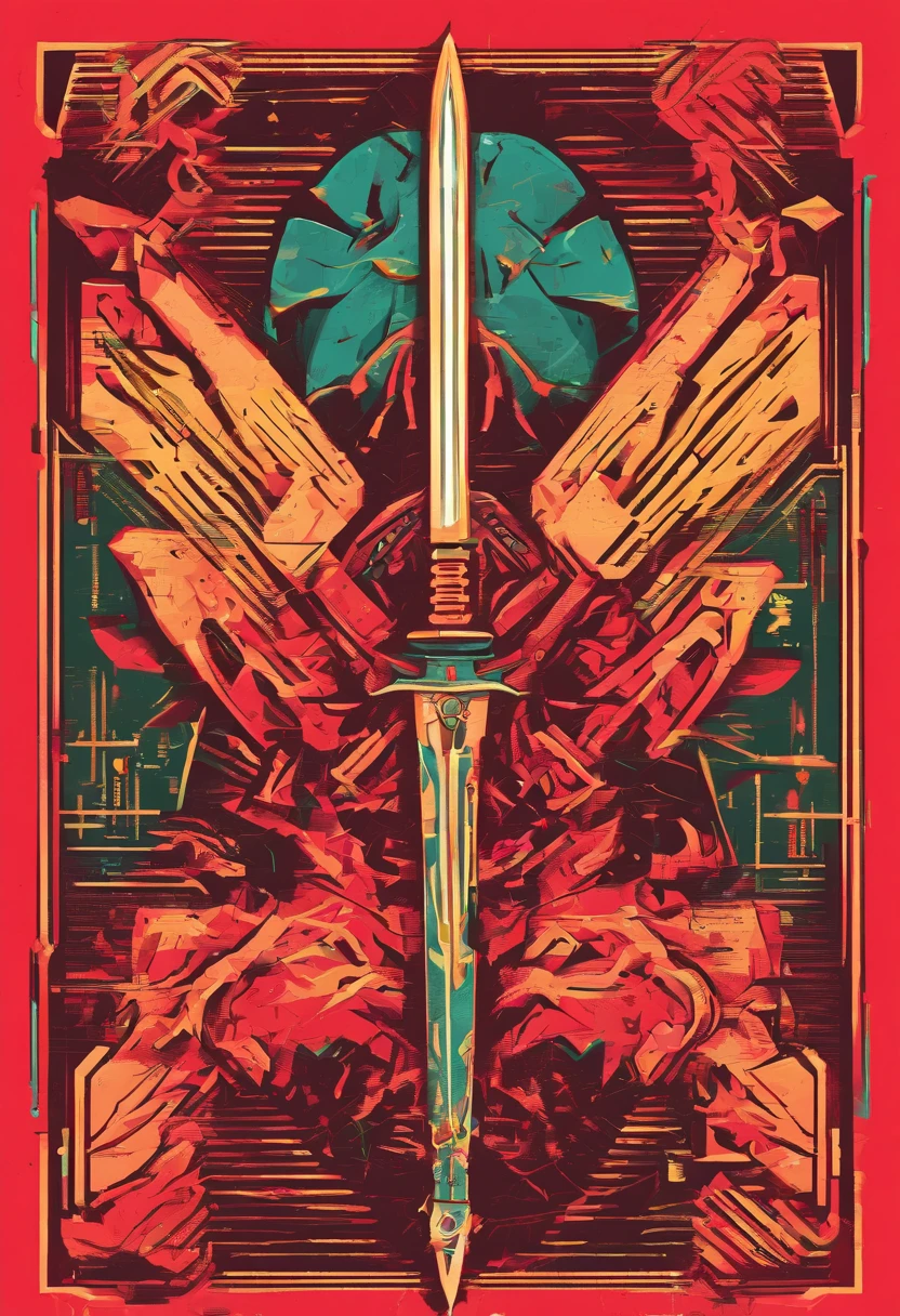 Create a typography A4 poster with the theme "The sword has two edges, the mouth has a hundred shapes". Using the image of a sword shape piercing through many mouths shape with many different mouth shapes, horizontal design, using 2 colors red and black, (retro style), (best quality).