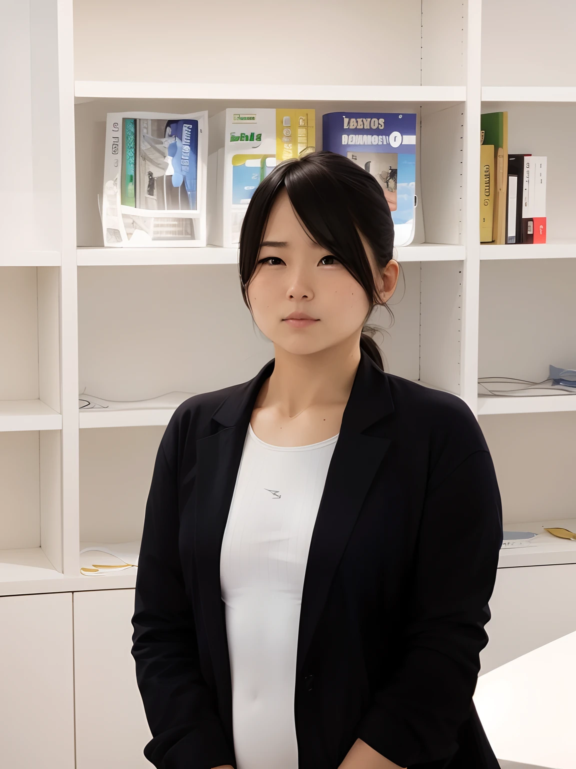 Create an image of a young, smiling woman in a modern office setting. She has long, straight dark hair with side bangs, and she is wearing a grey blazer over a light grey, slightly fitted top that accentuates her figure. The woman’s expression is friendly and approachable, with bright eyes and a genuine smile. Her background includes blurred office elements like a computer monitor with a blue and white screen on the left side and another person slightly out of focus. The lighting is soft and natural, casting gentle shadows and highlights that enhance her facial features and overall appearance. The camera angle is a slightly elevated front view, capturing her upper body and creating a professional yet warm atmosphere.