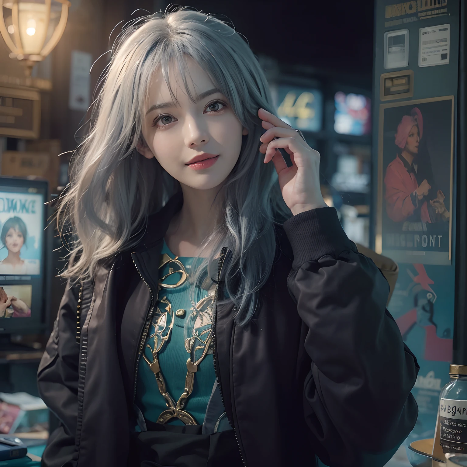(Front Focus)、(in the darkness nigth:1.6)、Portrait of a female hyperrealist by David Hockney and Alphonse Mucha、Fantasyart、Photorealsitic、动态照明、art stations、poster for、Volumetric lighting、extra detailed face、4 k、Award-winning、1girl in、in the darkness nigth、deep-shadows、lowkey、cowboy shot、(Formula service:1.4)、length hair、white hair、A smile、super-detaild skin、full body Esbian、1人の女性