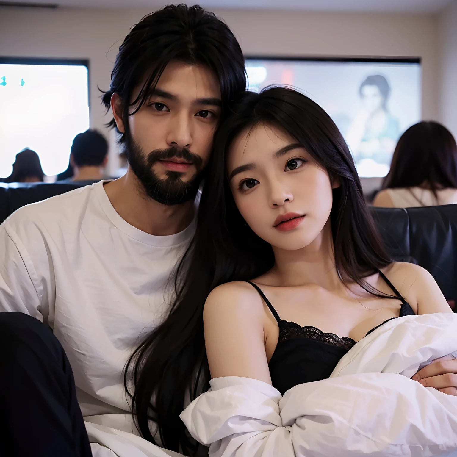 Realistic style, (white backgrounid: 1.4), Original, (Photo: 1.1), (Best Quality), (masutepiece: 1.1), (Color: 0.9), (Medium Lens: 1.4), The upper part of the body, sharp and clear focus, interiors, Stockholm, apartament,Couple in love, Long haired asian man with beard and black hair woman, Cinema chairs, cuddling, wining,