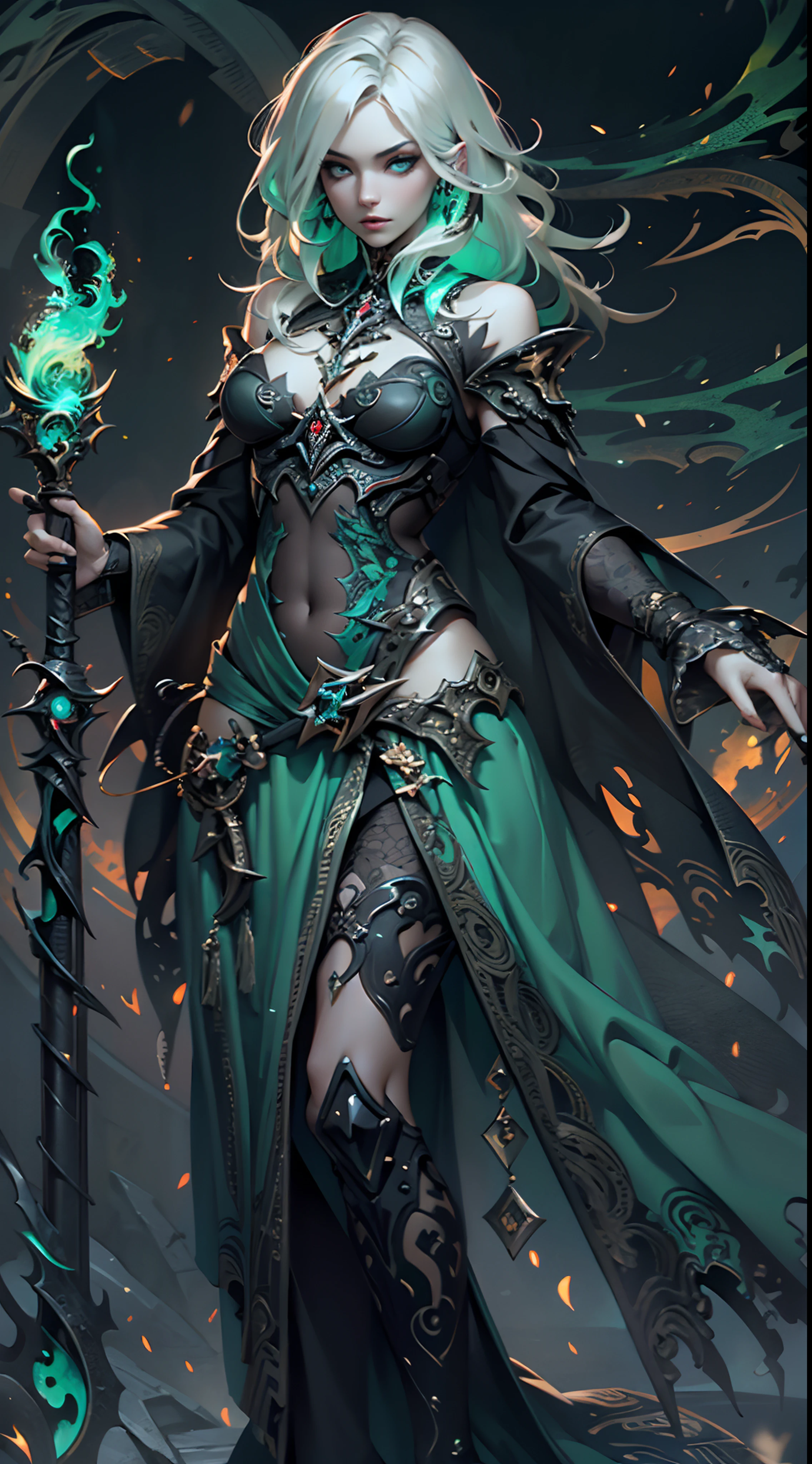 Female necromancer conjuring green flames,（hoang lap，A high resolution，hyper detailled），Black Soul theme, leather，Off-white，necromancer, necromancy，Background of details，Northern Valley，Irithyll，Cold moon，Rule of thirds，boundage，Diablo 4 style，intricate-detail，Diablo color theme，（offcial art，Beauty and aesthetics：1.2），（Dark art，erode,  fractal art：1.3），rich colourful，horryfing，highest details, (green eyes: 2), white hair with blue tips, blue colored inner hair, short hair, solo, 1girl, slim, small breasts, green flames