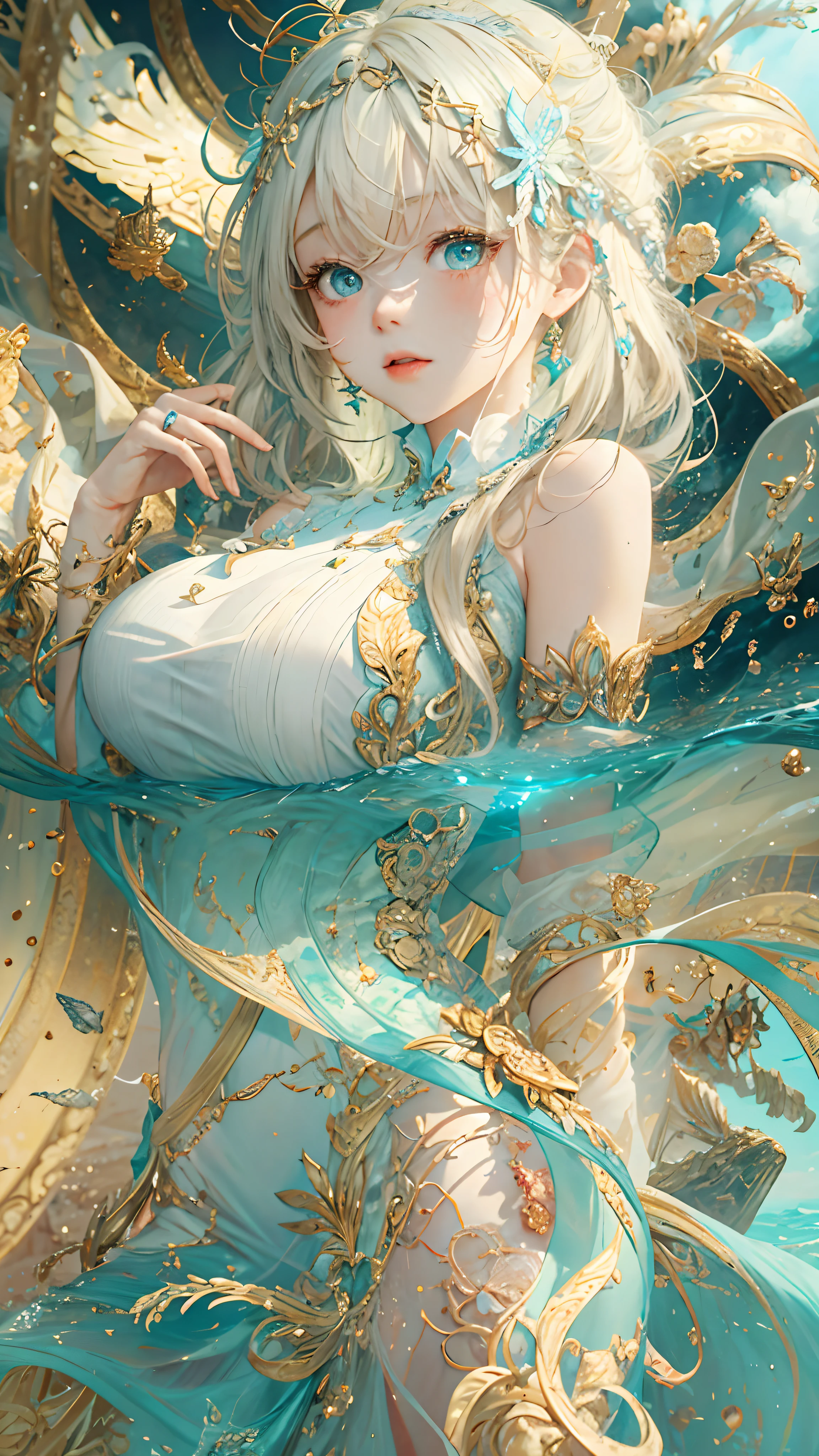 (best qualtiy), ((tmasterpiece)), 1个Giant Breast Girl,(独奏),half-body portrait, Delicate face, looking at viewert, Firm eyes, exposed bare shoulders,Exquisitehands, Um ser celestial, light particules, The halo,the ocean, Full of energy, Colorful colors, (Bio-luminescence),(Detailed composition), 电影灯光