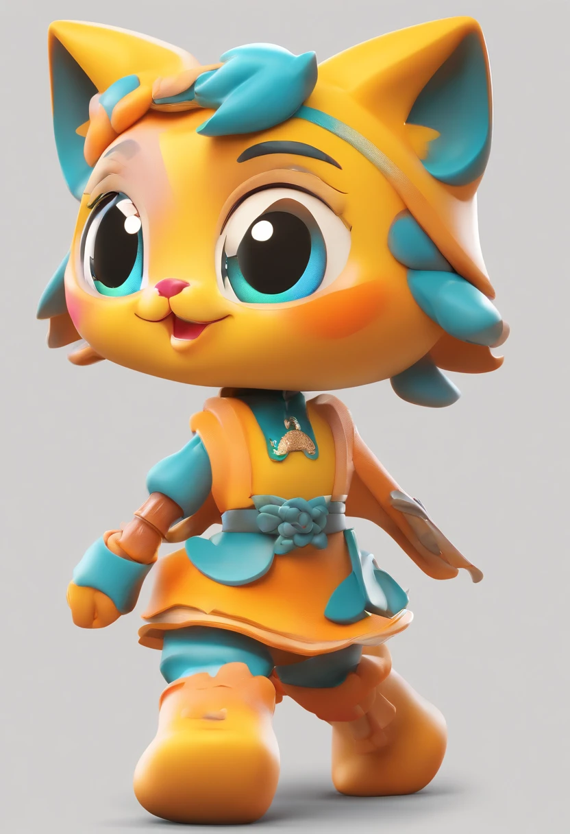 Cat Character Design, (Eyes are yellow, Wearing a highly detailed orange mini skirt)、Super cute blind box style, Chibi, Full body, Dancing Expressions and Actions, clean back ground, Bright iridescent highlights, Studio Lighting, With exquisite texture, high detailing, High resolution, C4D, 。.3D, blender, in 8K, Best Quality, Ultra high definition