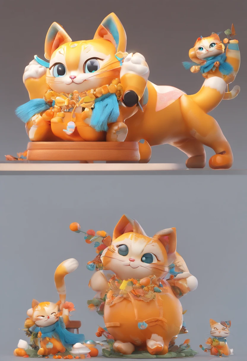 Cat Character Design, (Eyes are yellow, Wearing a highly detailed orange mini skirt)、Super cute blind box style, Chibi, Full body, Dancing Expressions and Actions, clean back ground, Bright iridescent highlights, Studio Lighting, With exquisite texture, high detailing, High resolution, C4D, 。.3D, blender, in 8K, Best Quality, Ultra high definition