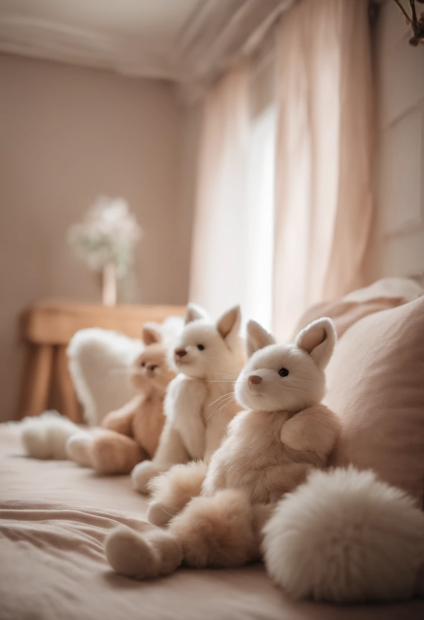 (best quality, high quality, room with plush toys, bright background), soft toys, cozy atmosphere, fluffy pillows, natural light, pastel colors, comfortable seating, warm and inviting, detailed textures, realistic fur, delicate stitching, adorable expressions, lifelike features, joyful and lively, playful poses