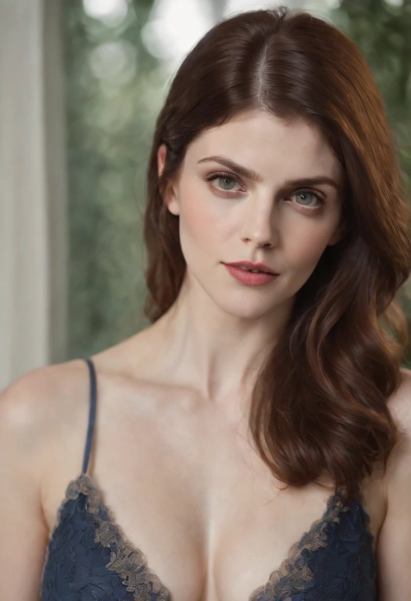 A beautiful woman as alexandra daddario, 35 years old, wearing nothing, slim fit body, abs, perfect bigboobs, deepcleavage, bitchy face look, redhead