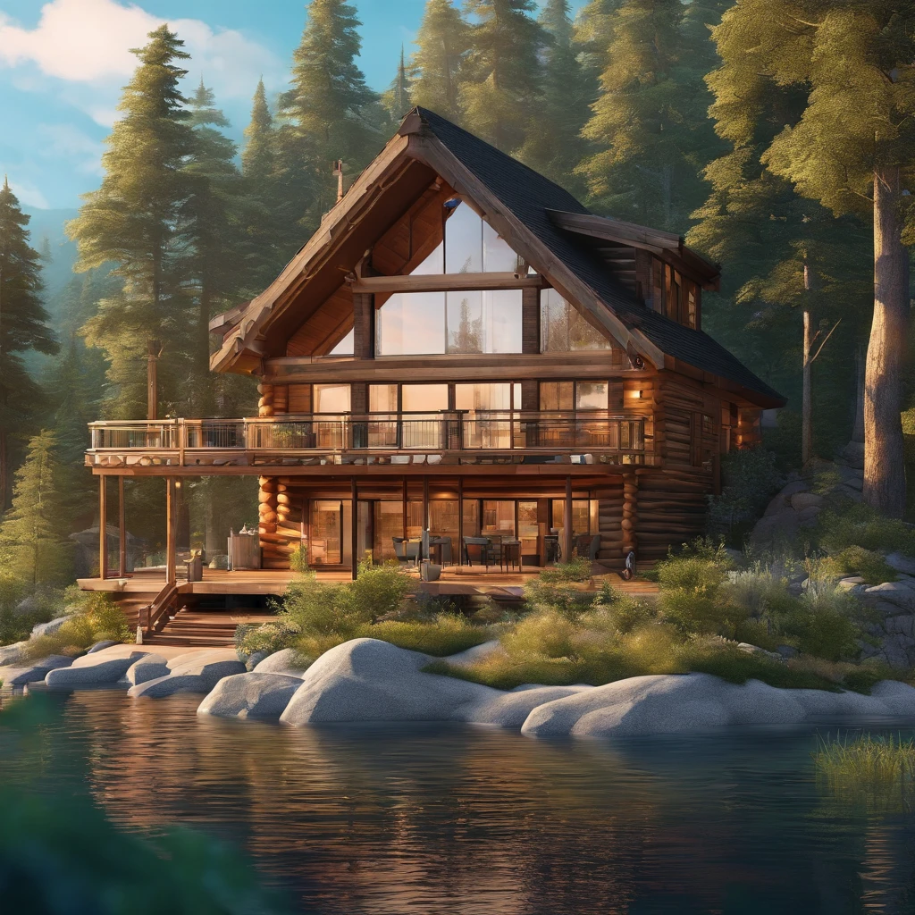 A photo realistic image of a large A shaped wooden cabin in the woods. Big Windows, The cabin is built on a rocky cliff overlooking a lake. The cabin has a large deck with a hot tub and a wooden walkway leading to a dock on the lake. The cabin is surrounded by tall trees and lush vegetation. The sky is blue and the sun is shining, creating a peaceful and serene atmosphere. The image appears to be a 3D rendering or a digital illustration.