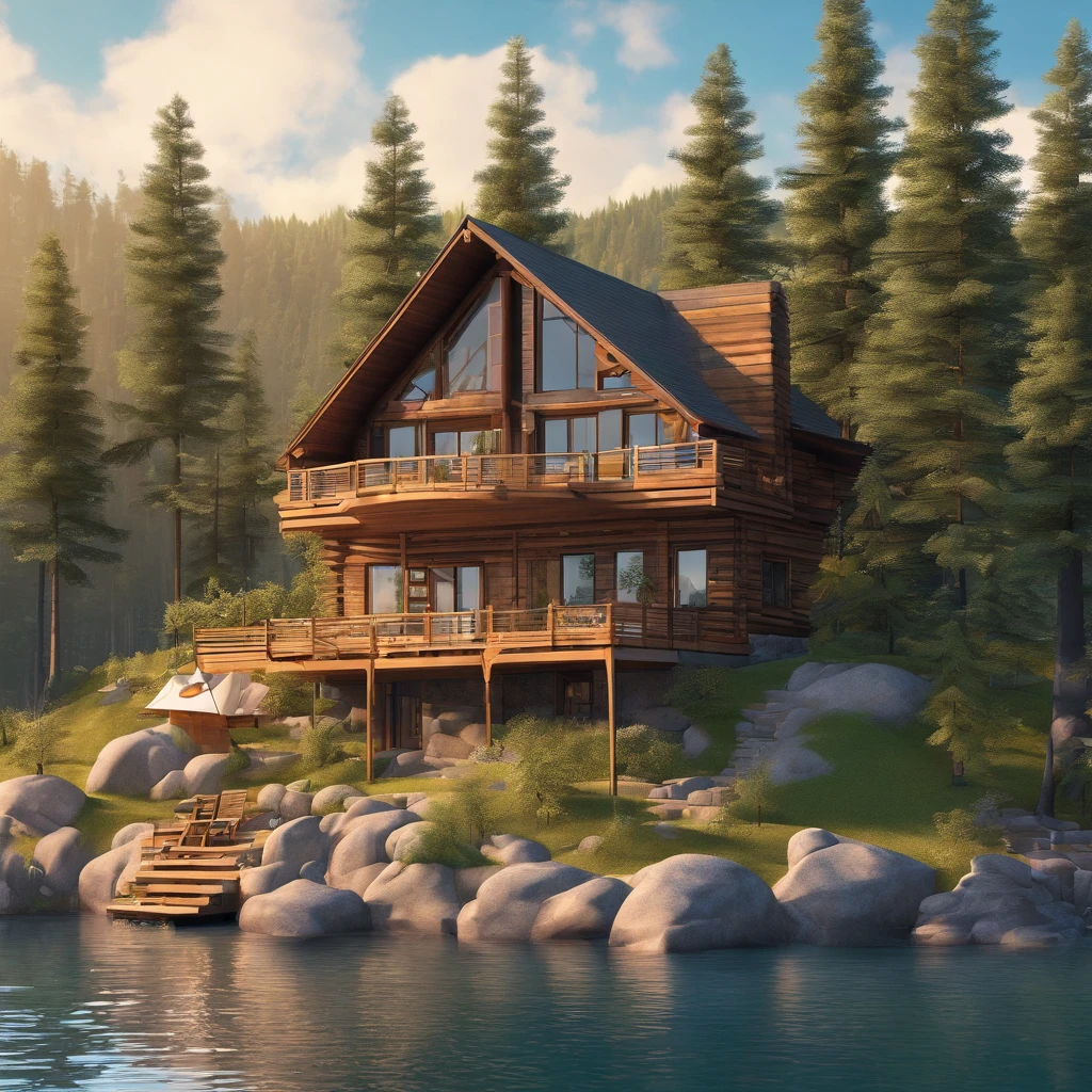 A photo realistic image of a large A shaped wooden cabin in the woods. Big Windows, The cabin is built on a rocky cliff overlooking a lake. The cabin has a large deck with a hot tub and a wooden walkway leading to a dock on the lake. The cabin is surrounded by tall trees and lush vegetation. The sky is blue and the sun is shining, creating a peaceful and serene atmosphere. The image appears to be a 3D rendering or a digital illustration.