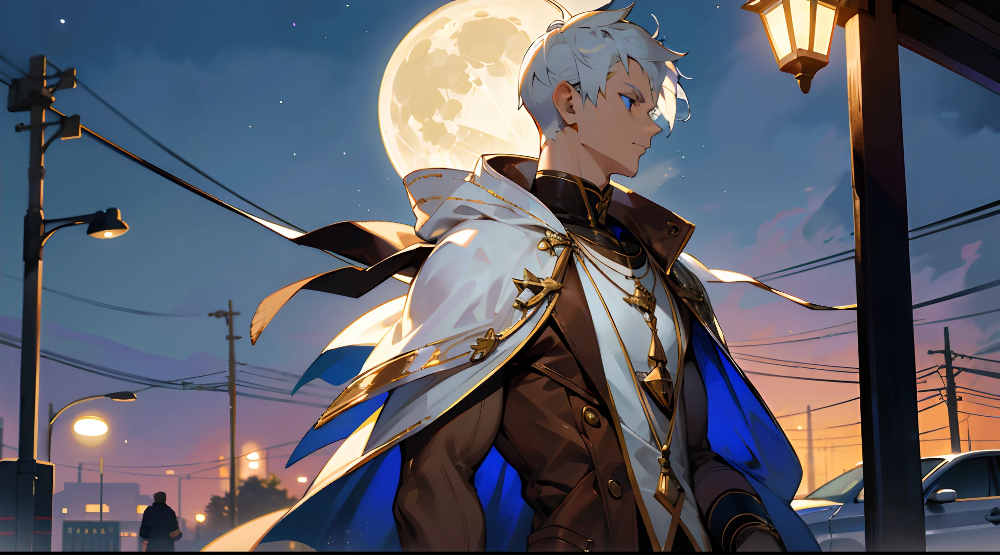 (absurdres, highres, ultra detailed, HDR), masterpiece, best quality, waiting at the bus stop , in a city , night time , street lights, moon light  ,side profile shot, close up shot . Handsome man , White hair , very Short hair, ((crew cut hair style:1 )) , Blue eyes , ((light skin:1)) , ((muscular:1)),masculine ,age 28,
Wearing a white hoodie , gold trim , a brown leather shawl ,solo man