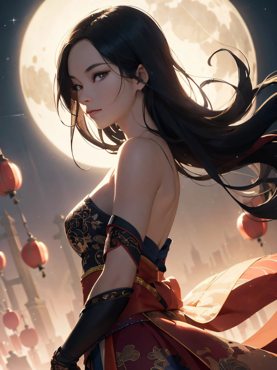 (masterpiece, best quality) Ink drawing of Mulan ,shy expression, shinny hair, reflection, from side, aurora, dress, glitter, off shoulder, chinese lanterns background, nsfw poses, dutch angle ,vintage, digital illustration, comic style, perfect anatomy, centered, dynamic, detailed, watercolor painting, artstation, concept art, smooth, sharp focus, illustration,(soft light, sharp), professional photograph, (cinematic look), intricate details, soft cinematic light, (highly detailed skin:0.5), (bad flash), (skin texture:1.2), lowra, moon light background, explosive light background