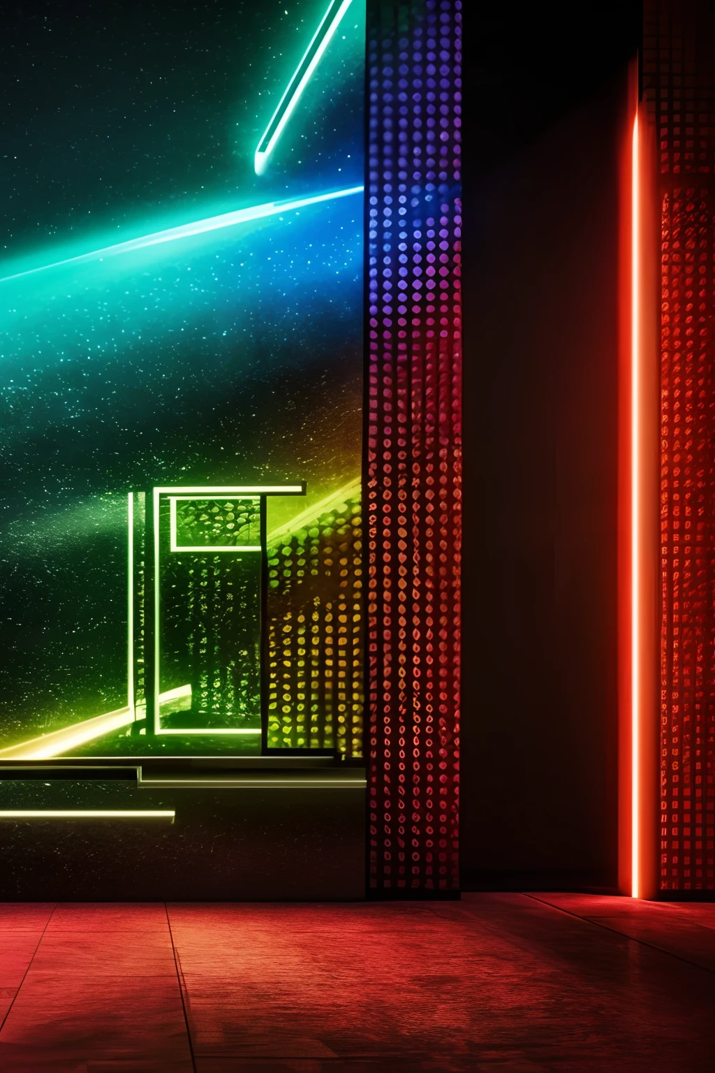 front wall of a nightclub, hidden door, UHD, ultra rendered, high detail, neon, perfectly rendered, fun, hyped up, hidden bar, full detail, glass, wall, with sticker and sign, colorfull