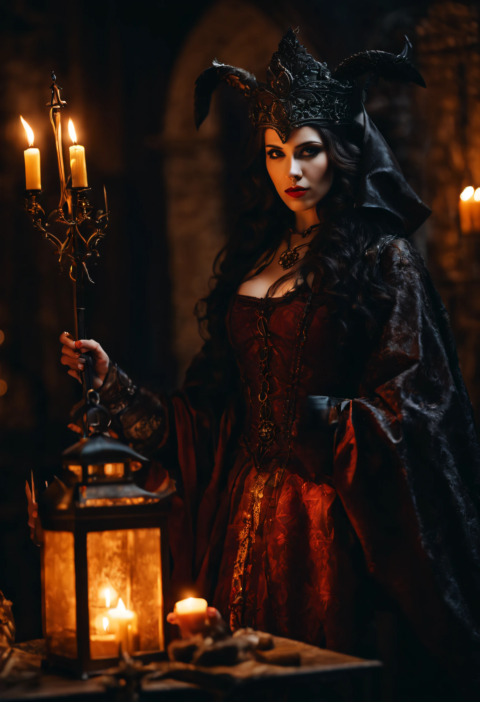 ~*~Breathtaking~*~ cinematic realistic close-up shot in a movie scene, vibrant colors, highly detailed, presented in cinemascope, creating a moody atmosphere.
gothic hunter woman with pitchfork, Venetian mask, lantern with candles, sinister, medieval atmosphere