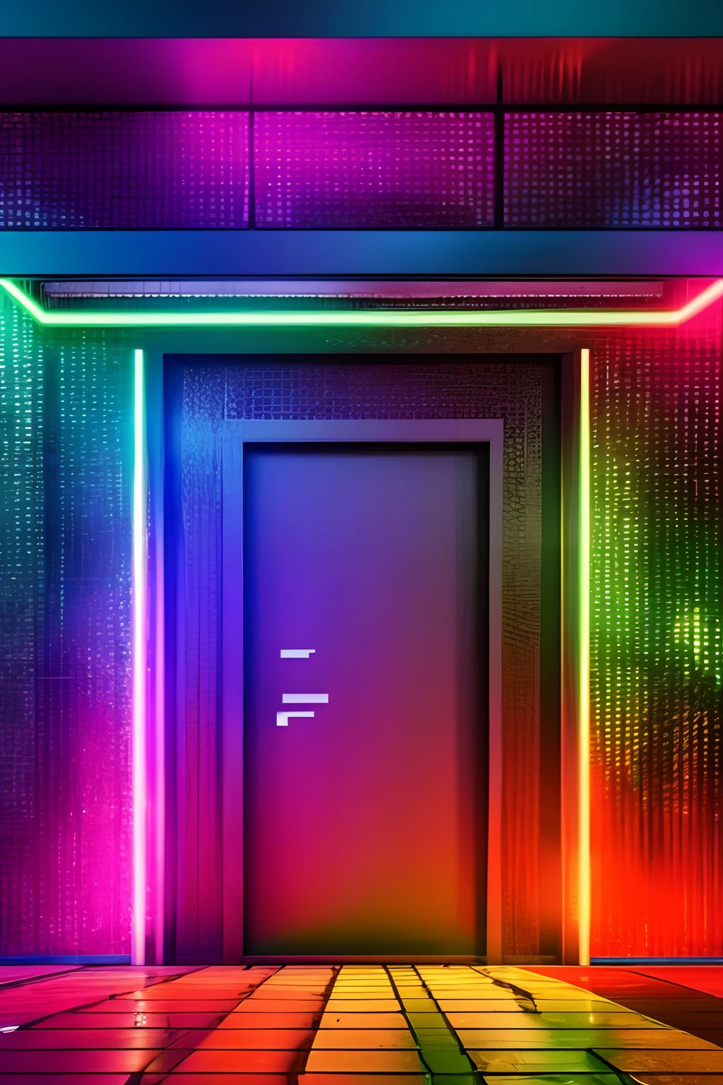 front wall of a nightclub, hidden door, UHD, ultra rendered, high detail, neon, perfectly rendered, fun, hyped up, hidden bar, full detail, glass, wall, with sticker and sign, colorfull
