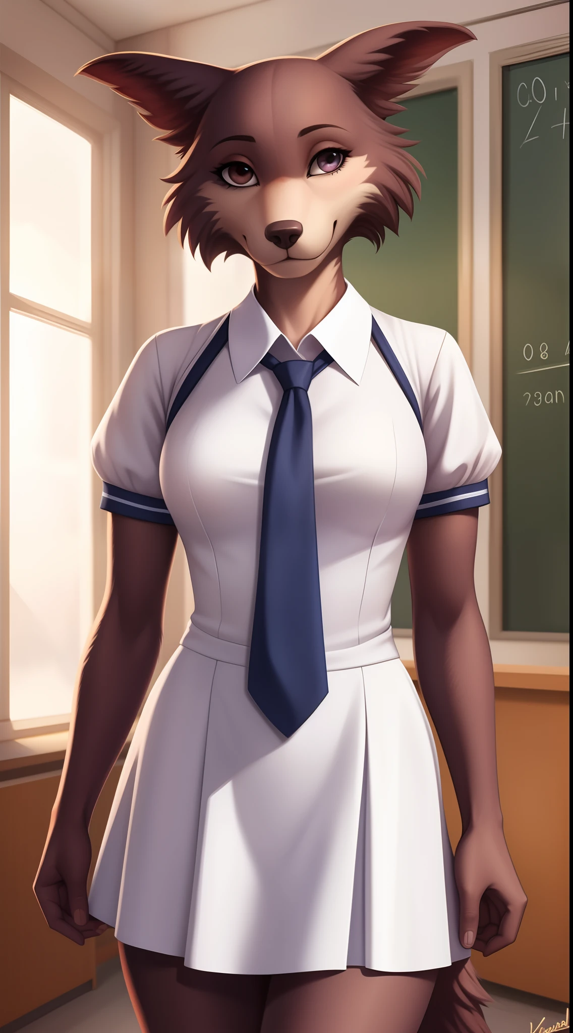 Von iskra, von wolfy-nail, von Personalami, Juno aus Beastars, Juno, Beastars, weiblich, (detailliert), Ansicht des Betrachters, flauschig, solo, 女の子1人, hight resolution, fotorealistisch, niedlich schauend, verlegend schauend, ((klare strukturelle Details)), detaillierter Realismus, schlank, weich, 4k, excellent quality, hohe Details, (seductive), detailliertes Fell, wandern, ((in the school)), ((school uniform)), (((white school dress))), white dress, five fingers, anatomoy correct tail, ((tail correct Position)), ((front view)),