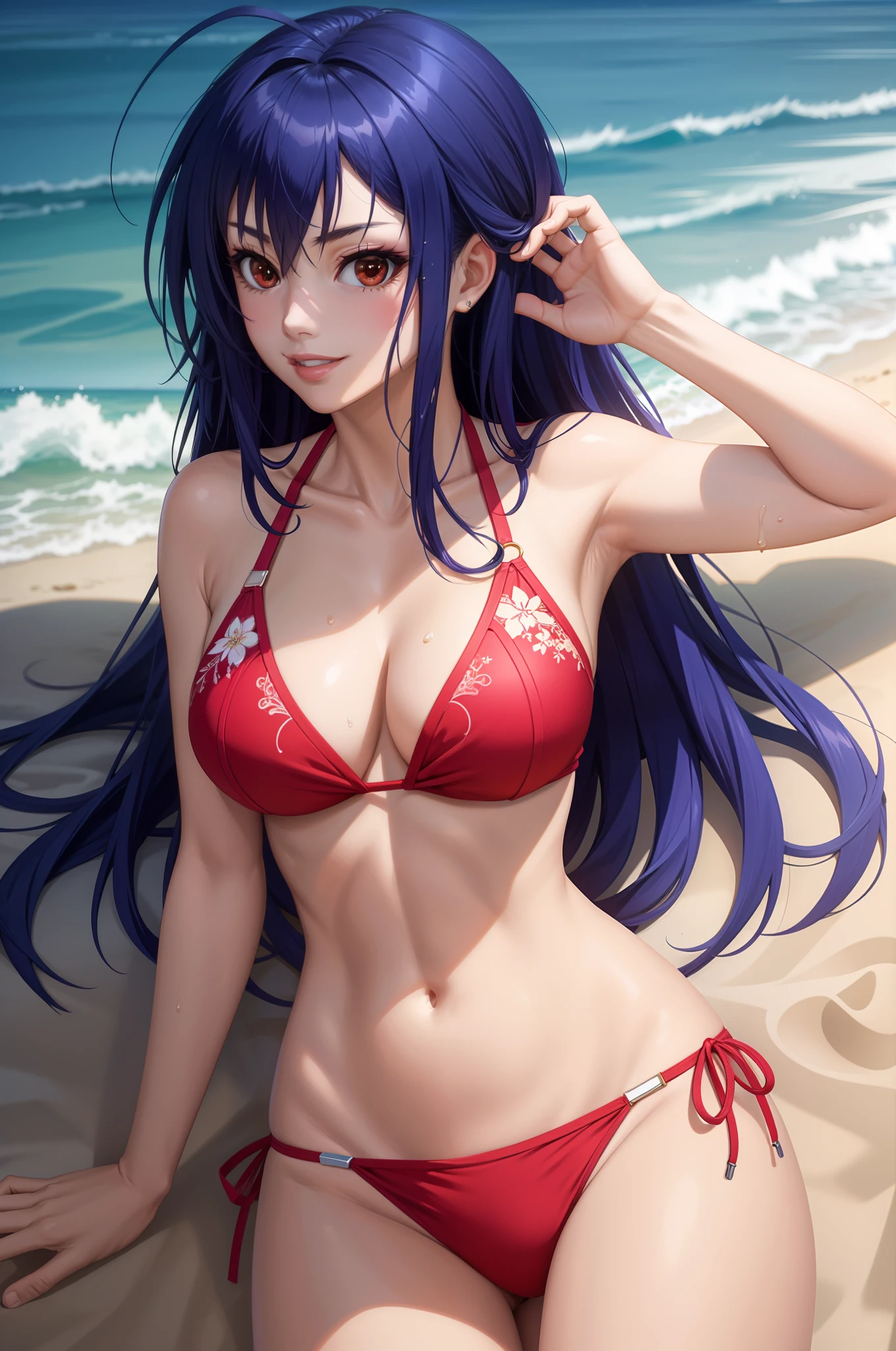 glossy skin:1.4, beach, lying, shadow, smile:1.2, armband, long hair, bikini, bikini, wet, kurokami medaka, red eyes:1.2, blue hair, long hair, ahoge, large breasts:1.2, cowboy shot, perfect eyes:1.2, detailed eyes:1.6, Ultra-realistic 8K CG, masterpiece, ((ultra-detailed background, delicate pattern, intricate details)), best quality, intricate details, 1girl, solo, (masterpiece:1.6, best quality)