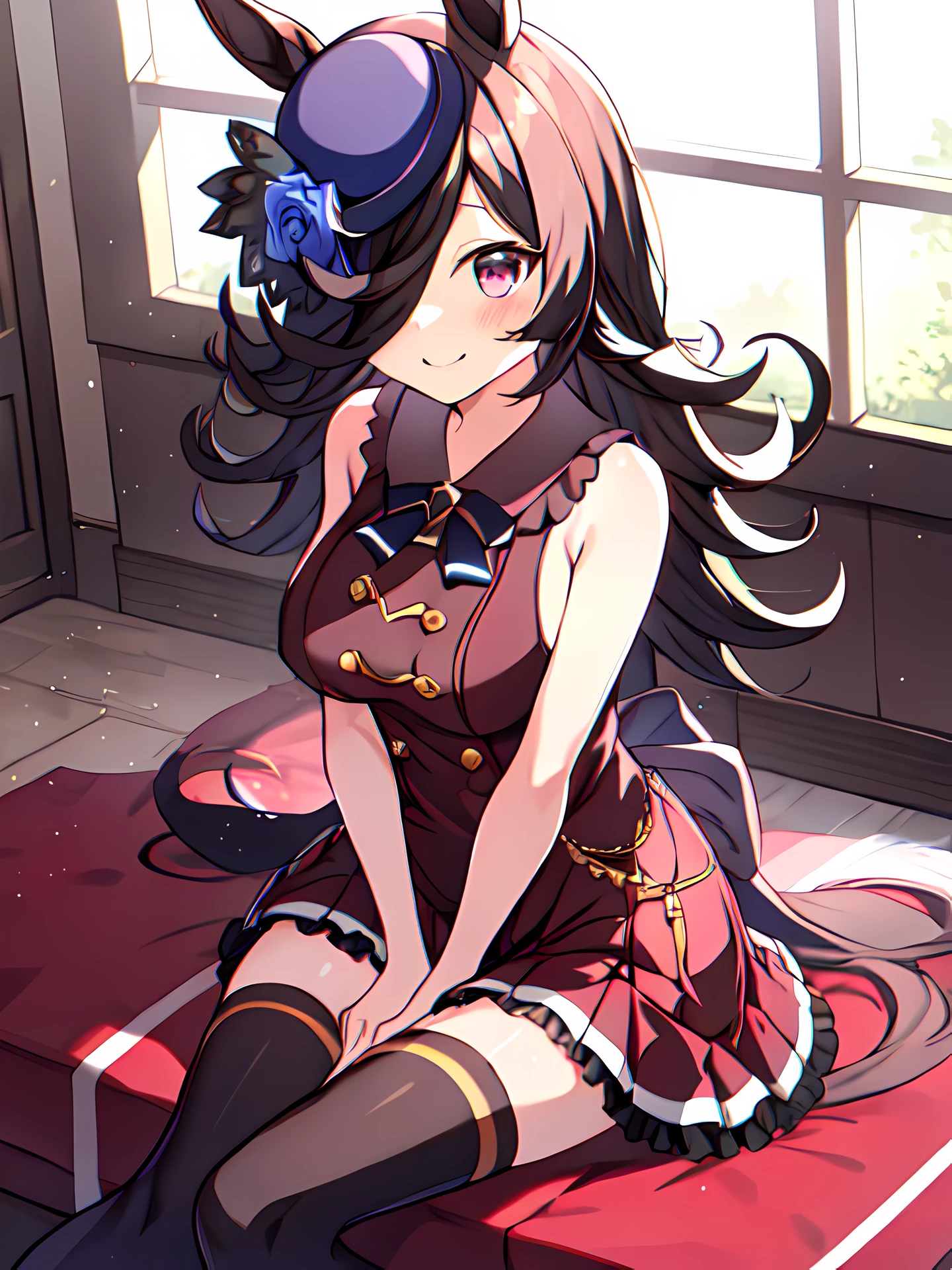 sitting, luxury bedroom, Rice Shower\(umamusume\), big breast, miniskirt, black thighhighs, rosy pink eyes, curly long hair, dark brown hair, very short girl, cheerful smile, sleeveless shirt, frilled shirt, many frilled skirt