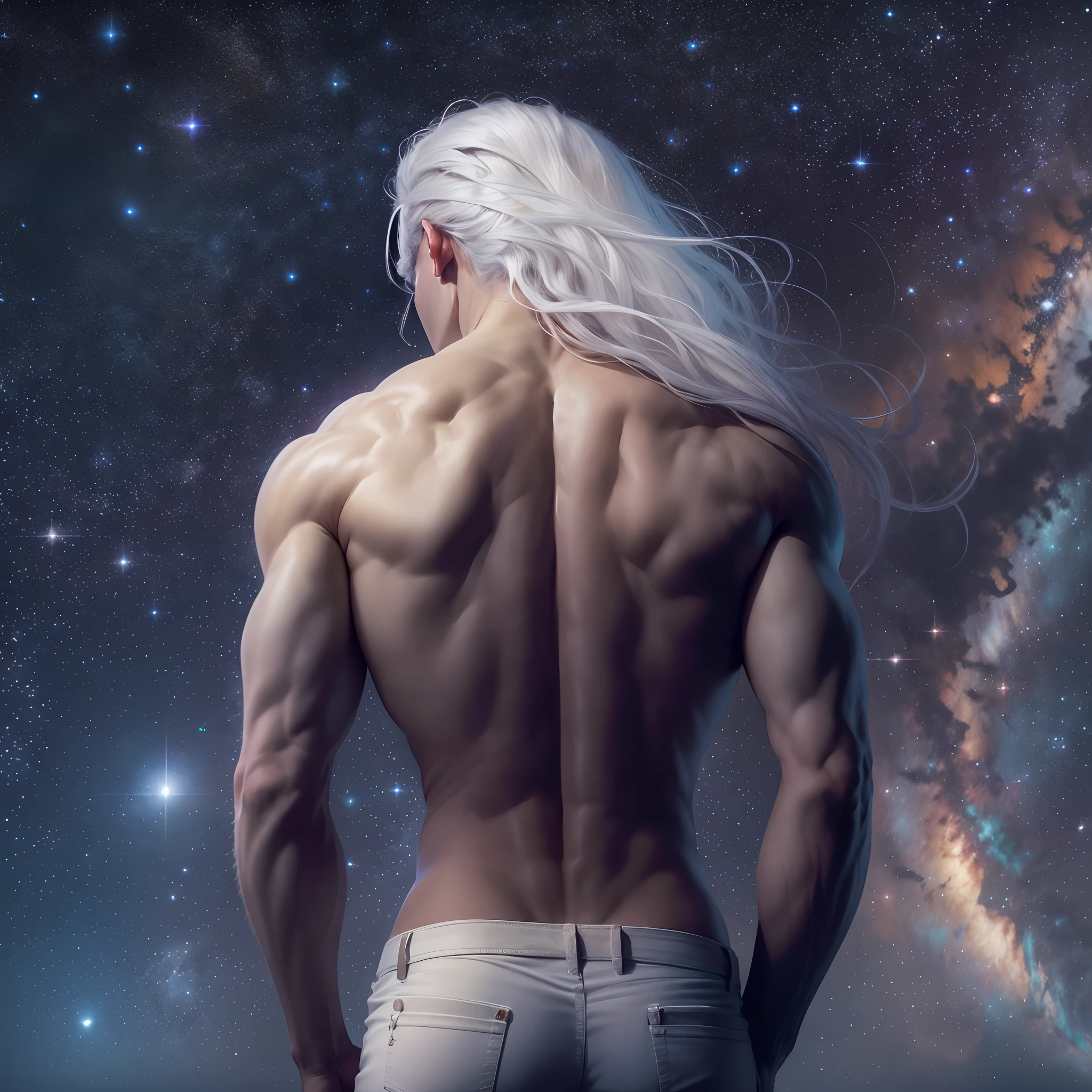 The greatest masterpiece background of this century. Unparalleled creative art. solitary art. A scene of high-dimensional loneliness that no one has ever seen before. Topless young handsome man. Long white hair all back. Zoom in. Moderately muscular back. Weakness. High resolution, photorealistic, very mysterious night sky, Milky Way. Meteor shower. rainbow.