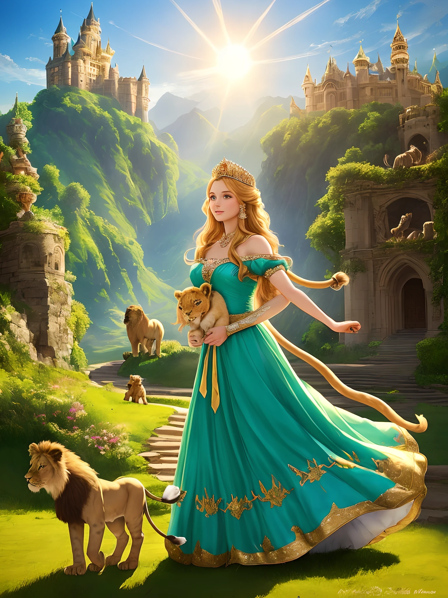 a beautiful princess dressed in a flowing royal gown, standing at the entrance a magical grand castle, her arm outstretched towards a lion cub. Behind them, the sun casts a golden glow on the lush green hills, while colorful birds soar through the clear blue sky..... realistic