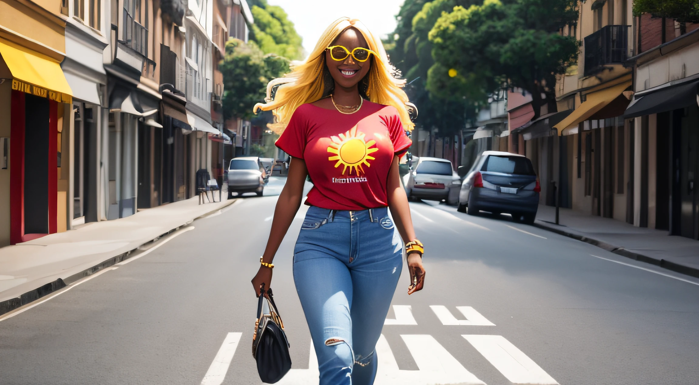 very huge breasts, dark skin, yellow hair, long hair, full body image, one woman, Happy smile, realistic hands, realistic face, realistic tooth, realistic feet, realistic face, walking, street, blue t-shirt, red jeans, white tennis, sun glasses.