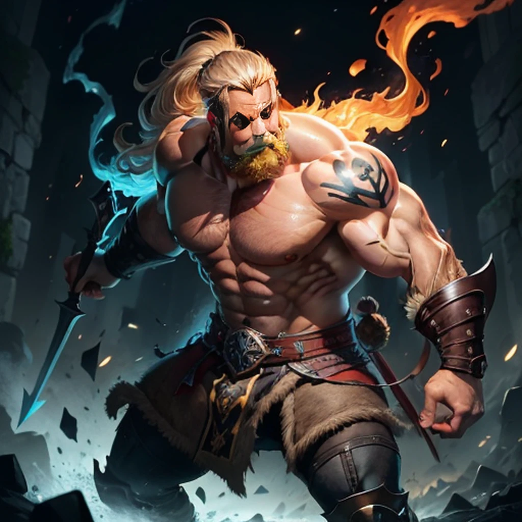 A muscular blond haired man with blue eyes with long hair and a dark beard in a Viking outfit is drinking in on the roof of a Viking's castle
