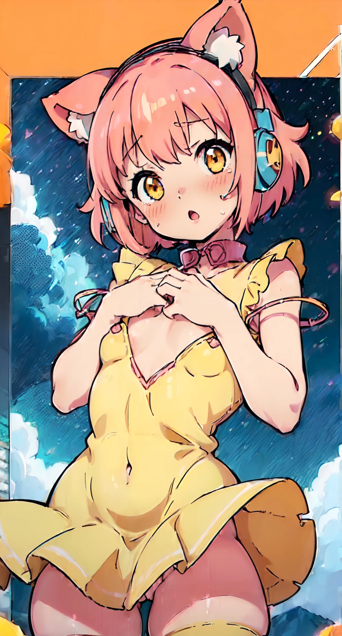 (Perfect body),Best Quality,(8K Portrait),(Official art)、((NSFW))、(((((Lori)))))、((((:o))))、(((:o)))、Surprised、is crying、(((blush))),(((((flat chest)))))、small tits、chest cutout、((Big ass))、((Pink hair),((Short hair))、waved hair、(Orange Eyes)、(((thick thighs)))、(((Light yellow dress)))、Panchira、Pink ruffles、(Armpits)、(((((Short stature)))))、(((teats)))、((Nekomimi))、((headphones))、Cowboy Shot、both hands behind head、(spreading legs)、Electronic space