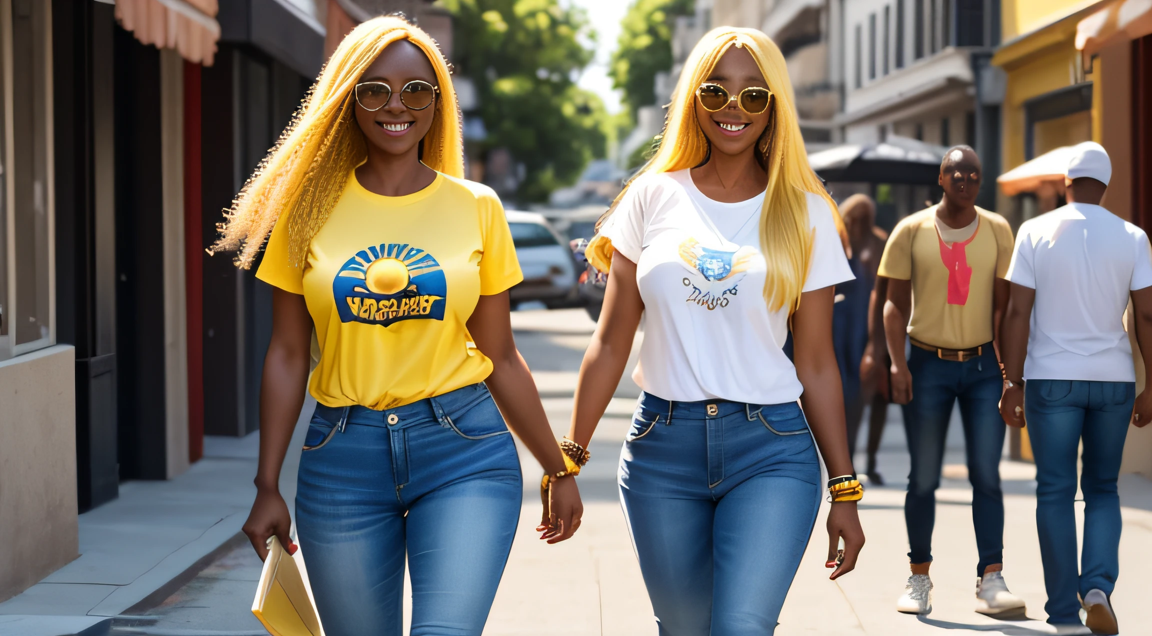 very huge breasts, dark skin, yellow hair, long hair, full body image, one woman, Happy smile, realistic hands, realistic face, realistic tooth, realistic feet, realistic face, walking, street, blue t-shirt, red jeans, white tennis, sun glasses.
