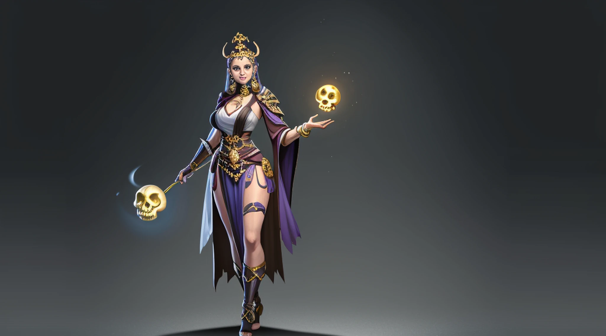 1个Giant Breast Girl、solo，corpo inteiroesbian，O Bruxo，Spell casting action，standing on her feet，shiny magic ball，Skulls float around，Backgound simples，Magical fantasy design，design de conceito de personagem，rosto e olhos bonitos，tmasterpiece，melhor qualidade，best resolution，high-definition detail