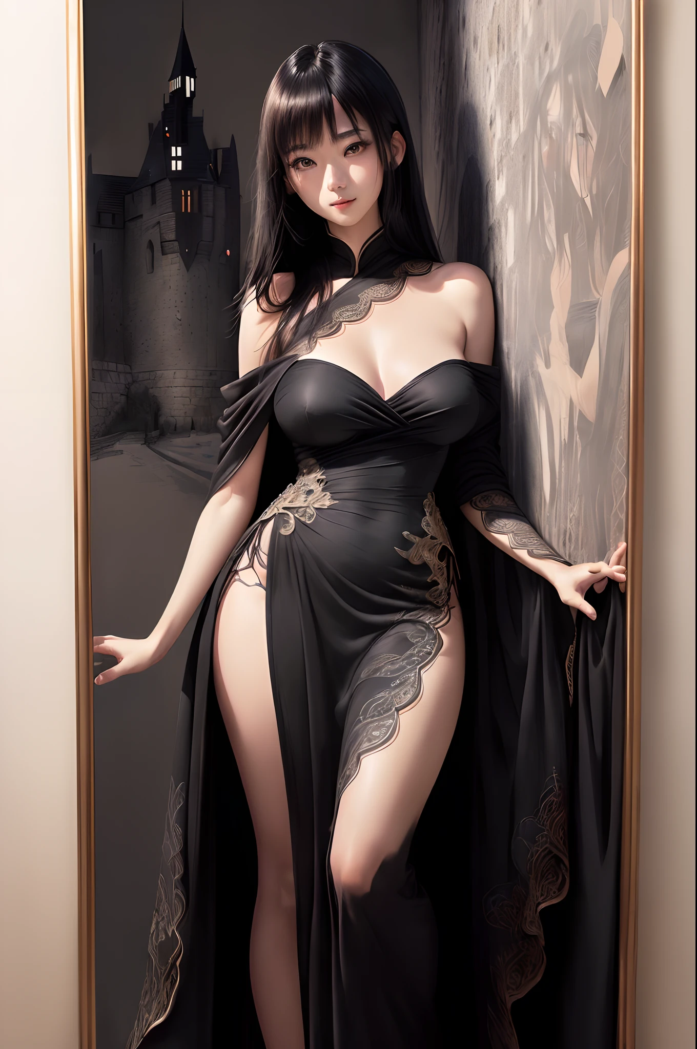 (A hyper-realistic)、(illustratio)、(hight resolution)、(8K)、(ighly detailed)、(Best Illustration)、(beautifully detailed eyes)、(top-quality)、(ultra-detailliert)、(masterpiece)、(wall-paper)、(A detailed face)、独奏、1 girl in、looking at viewert、fine detailed、A detailed face、in the darkness nigth、deep-shadows、lowkey、pureerosfaceace_v1、A smile、long、Black shawl straight hair、46-point diagonal bangs, (silk dresses、long skirt)(off shoulders)View of the castle、、Stand against the wall、Sexy costume、Low angle with full body reflection
