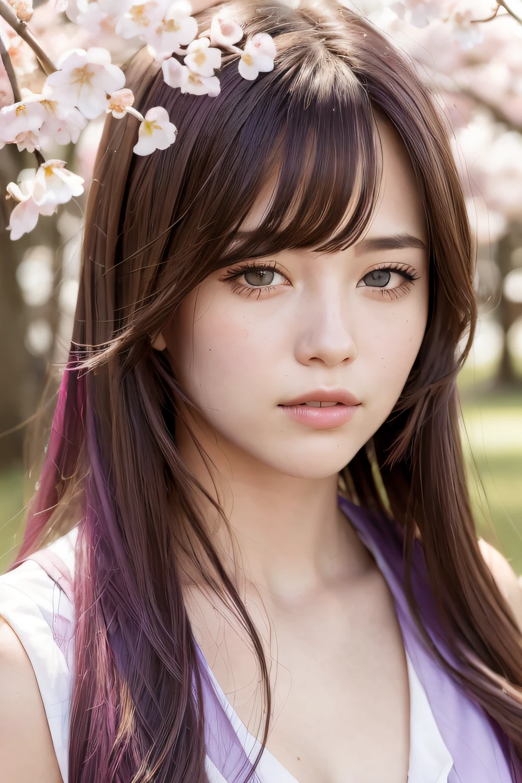 bestquality, masterpiece, (photorealistic portrait:1.4), Cherry blossom leaves,spring,1girls,long-haired, Purple Highlights,Chest groove,The wind blows.,I'm moving.