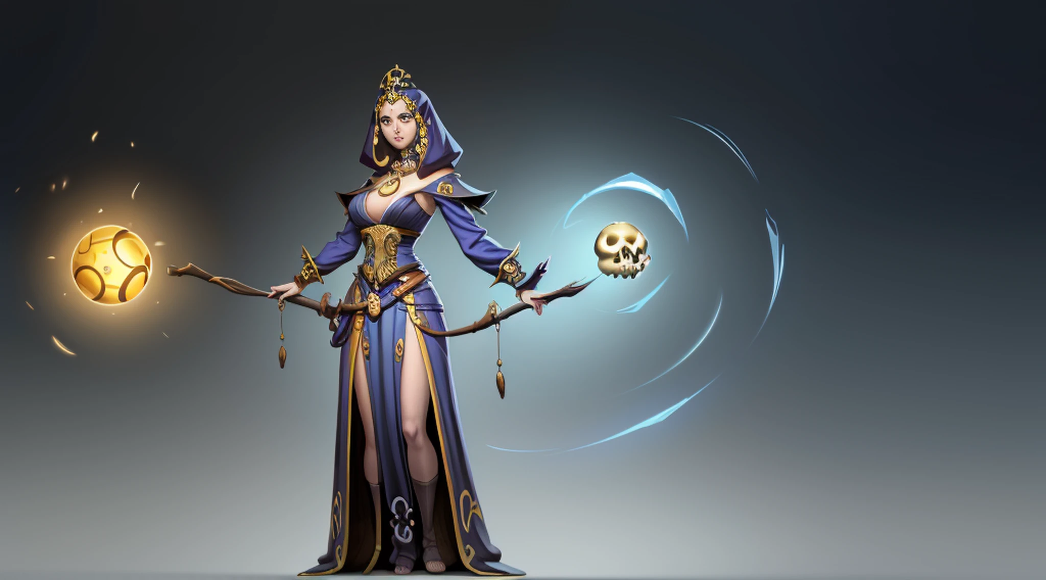 1个Giant Breast Girl、solo，corpo inteiroesbian，O Bruxo，Spell casting action，standing on her feet，shiny magic ball，Skulls float around，Backgound simples，Magical fantasy design，design de conceito de personagem，rosto e olhos bonitos，tmasterpiece，melhor qualidade，best resolution，high-definition detail