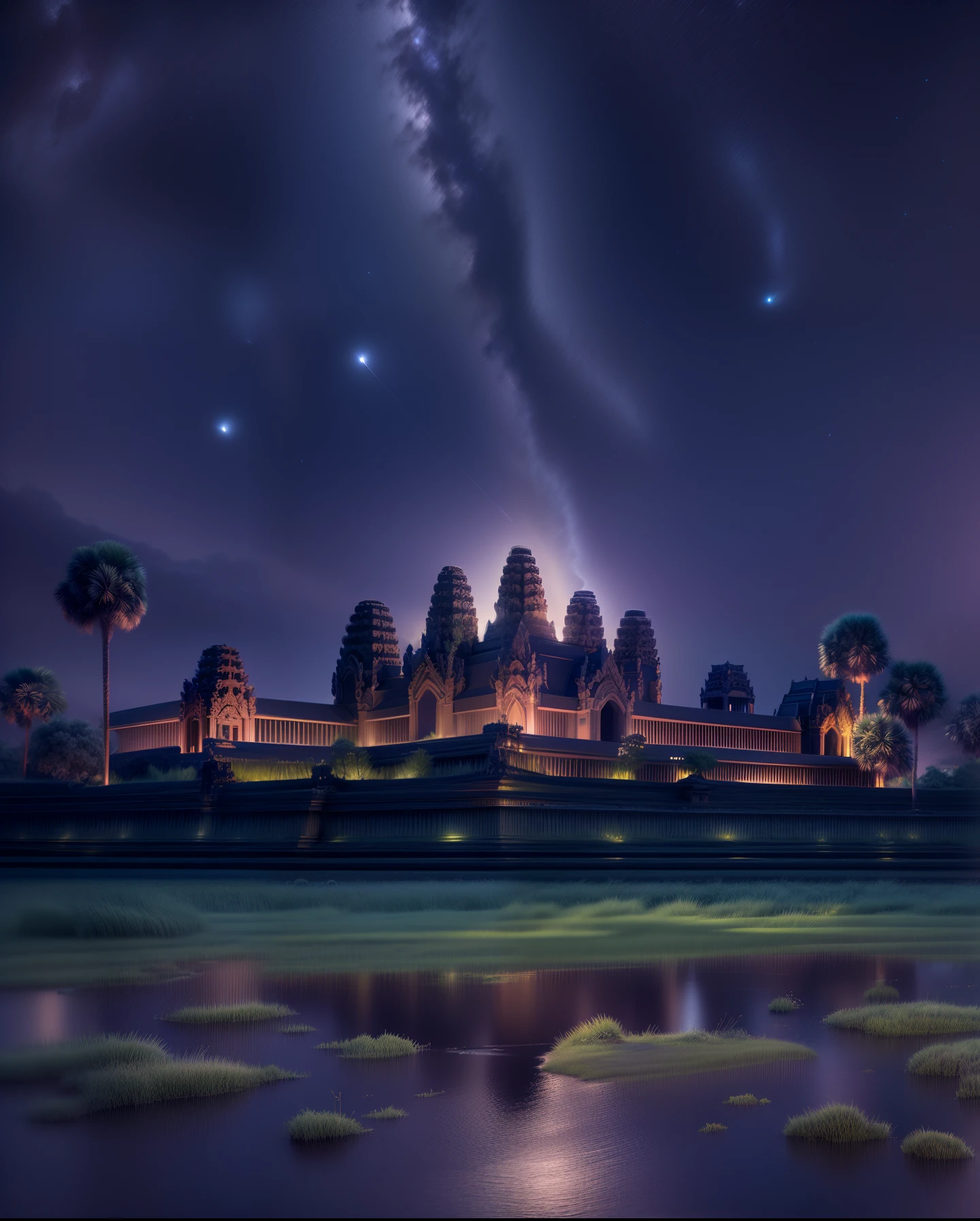 Angkor Wat: Siem Reap, Cambodia, under a starry night sky, softly lit by moonlight, an ethereal and surreal ambiance, 3D rendering, high-resolution with soft focus,