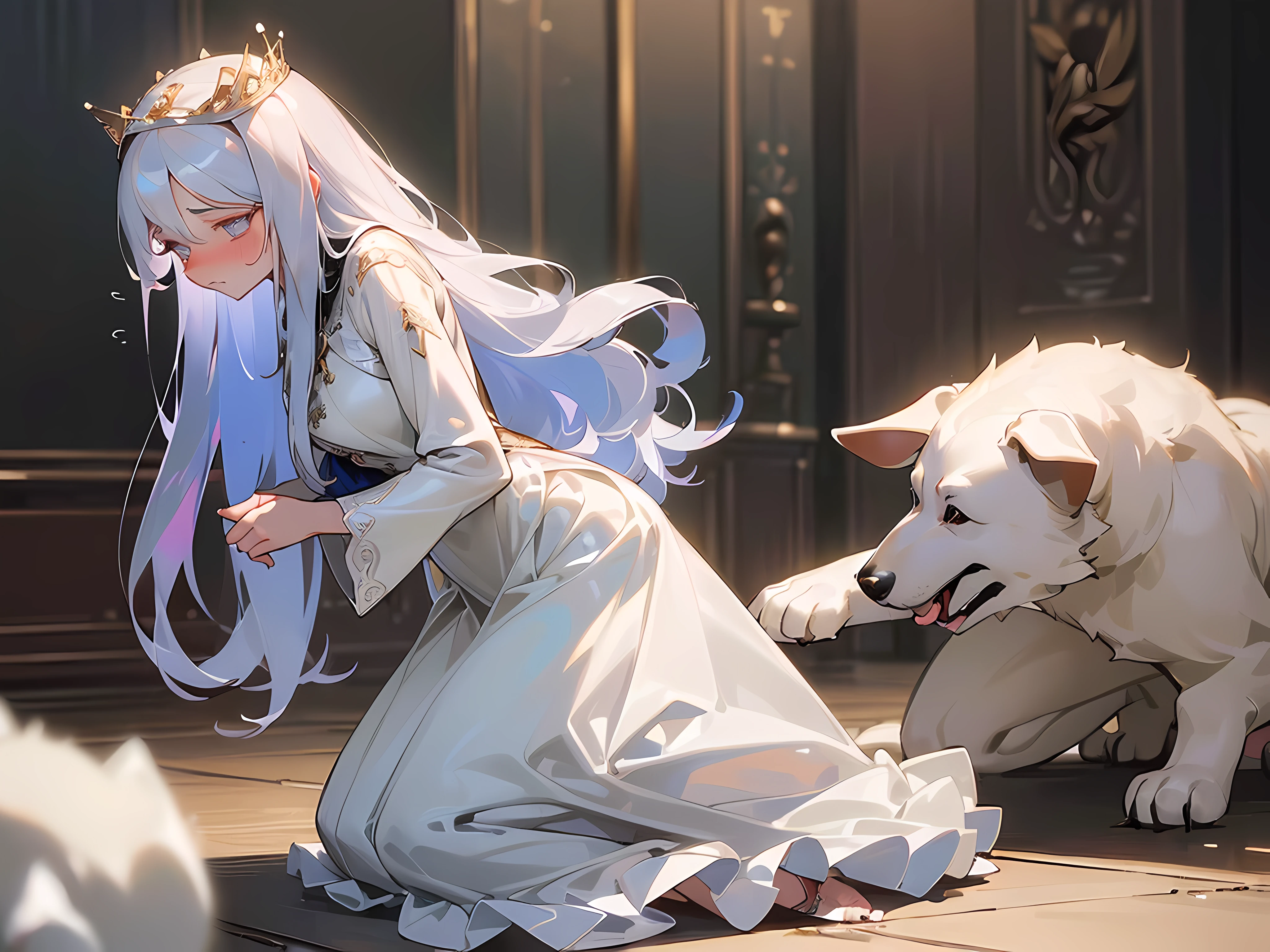 (((masterpiece))), (((best quality))), ((ultra-detailed)), (illustration), ((an extremely delicate and beautiful)),((queen)),((long hair)),silver hair,long skirt dress,cobalt eyes,((((sensual)))),((((immoral)))),((((fully clothed)))),(((embarrassed look))),(((doggy style)))