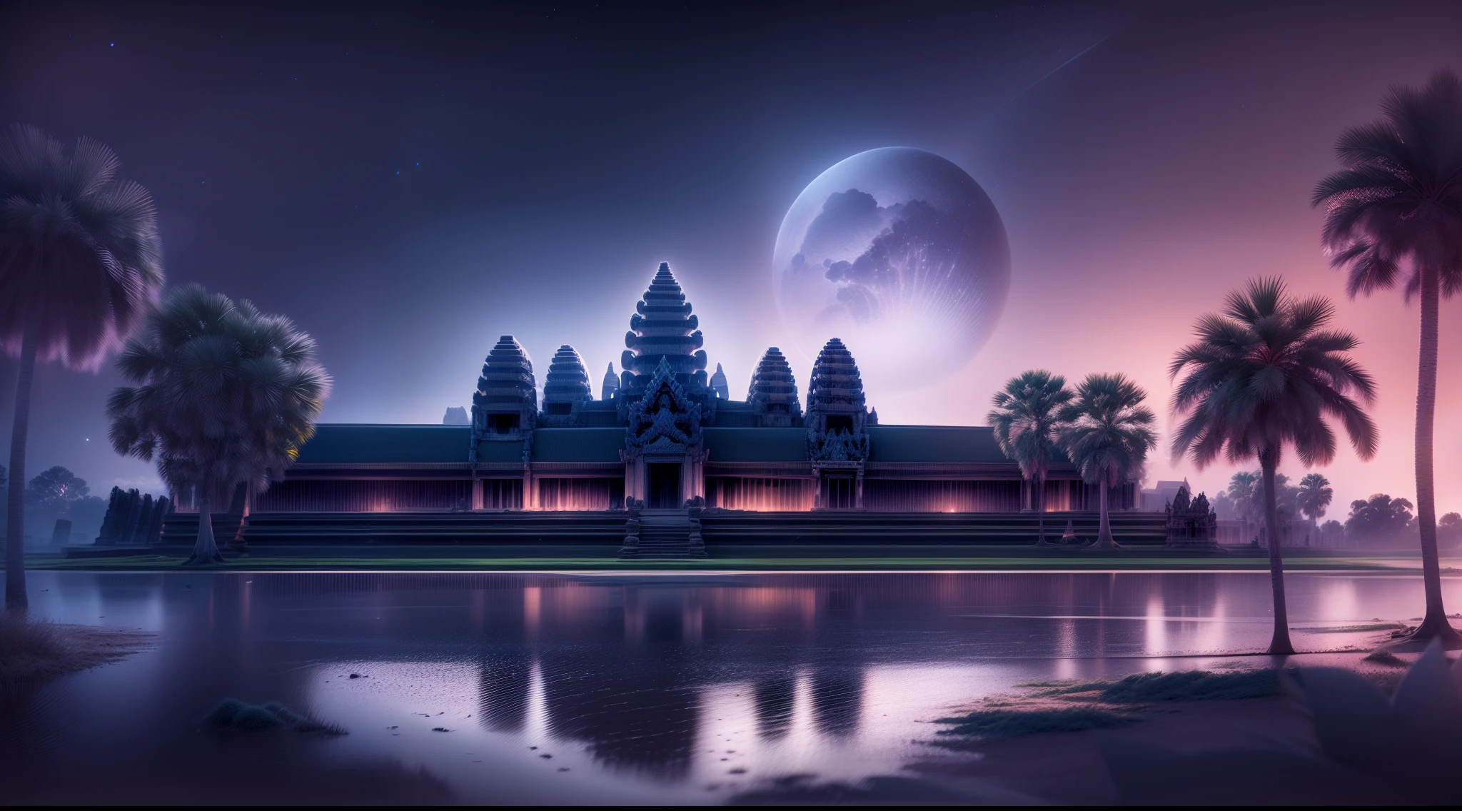 Angkor Wat: Siem Reap, Cambodia, under a starry night sky, softly lit by moonlight, an ethereal and surreal ambiance, 3D rendering, high-resolution with soft focus,