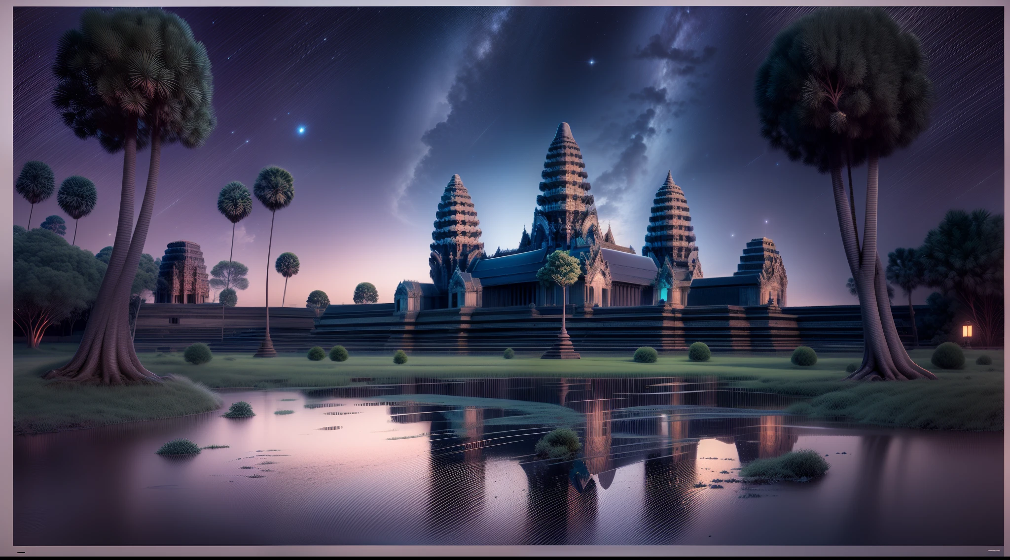 Angkor Wat: Siem Reap, Cambodia, under a starry night sky, softly lit by moonlight, an ethereal and surreal ambiance, 3D rendering, high-resolution with soft focus,