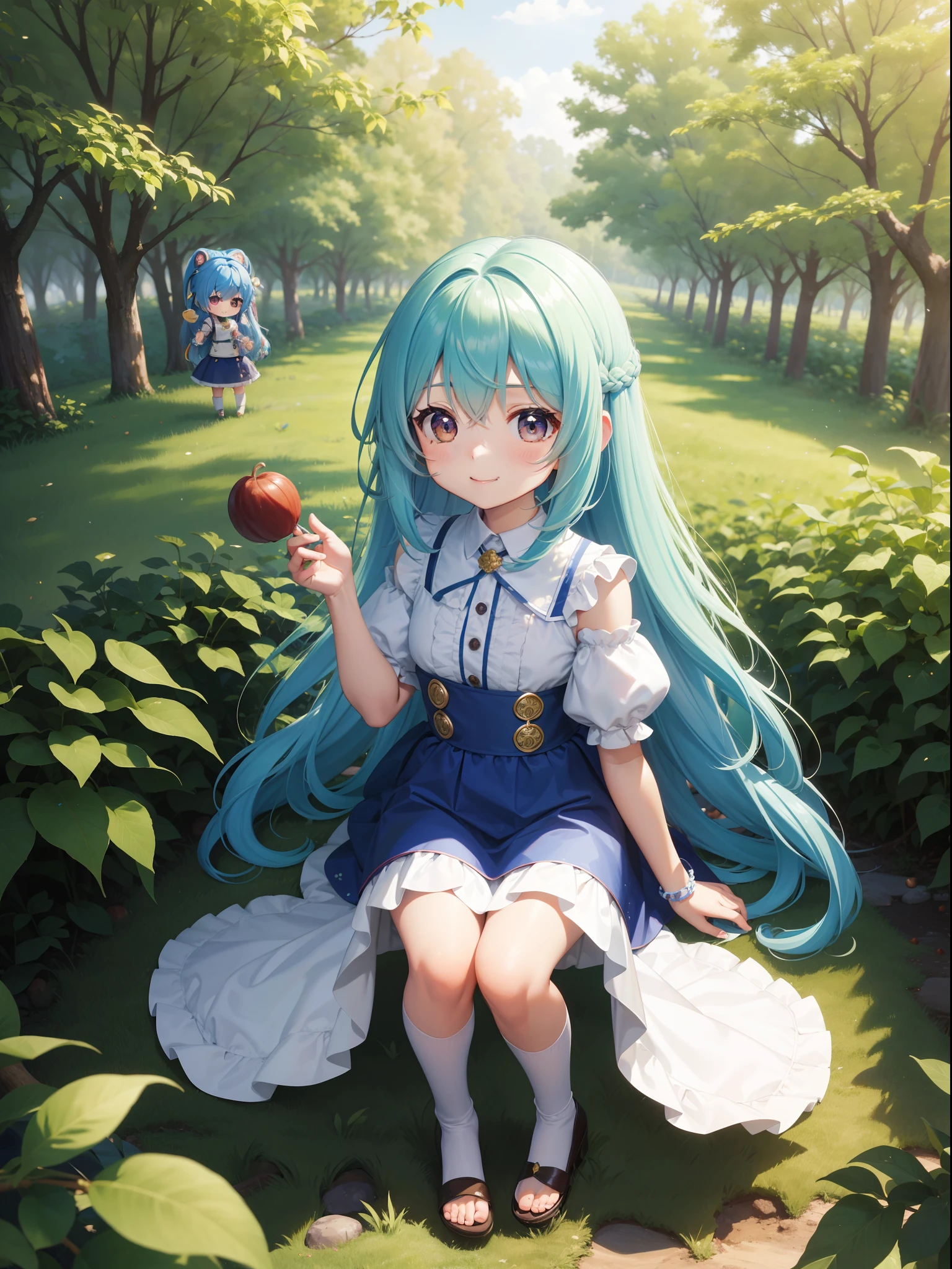 Chibichara Picking chestnuts in a chestnut grove long hair with blue hair((Chibi Chara))、A charming smile、Fluffy、girl with、Chibi Chara、Friends of the Forest、full body Esbian、Pastel colors hair、masutepiece、top-quality、