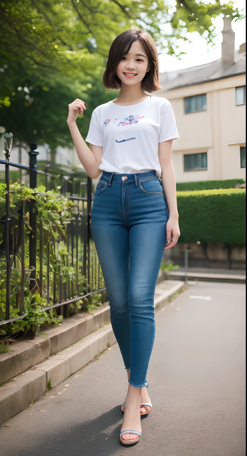 masutepiece, Best Quality, 8K, (:1.4), Raw photo, absurderes, award winning portrait, Smile, Smile, Idol face, violaceaess, gardeniass, Delicate girl, full body Esbian, Digital SLR, Looking at Viewer, Candid, Sophisticated, zora々Right, Thin arms, Professional Lighting, Film grain, chromatic abberation, (Eyes and faces with detailed:1.0),(Underwear)、Wearing jeans、tshirts、short-hair:1.3、The crotch is visible、(Breasts are big:1.2)、(Emphasis on the chest:1.2)、(sideways Facing:1.2)、(Young Face:1.3)