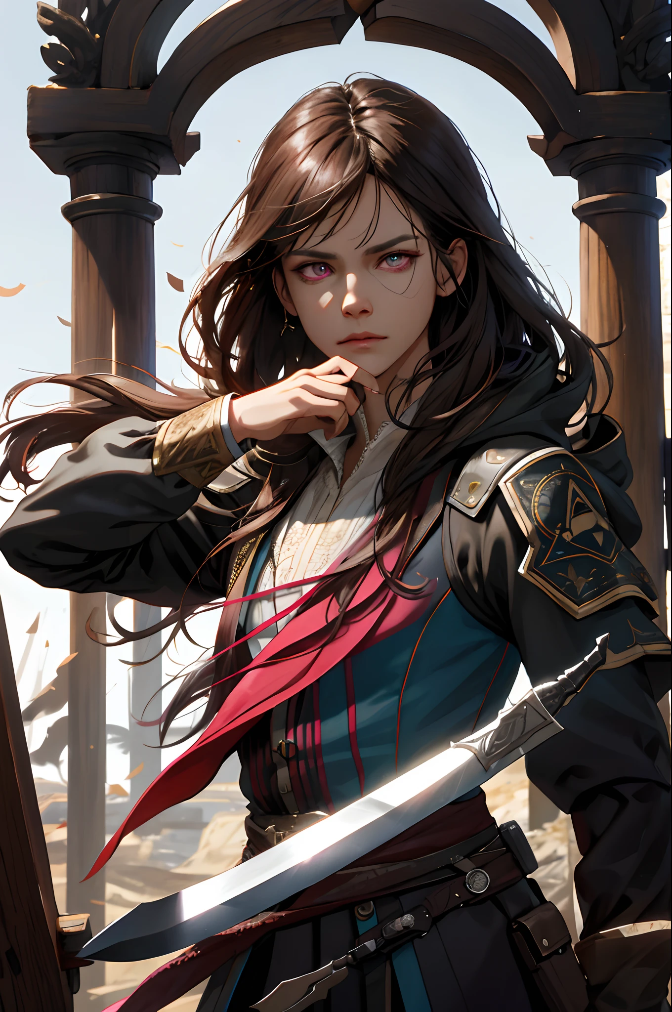 (absurdres, highres, ultra detailed), 1woman, mature female, aged up, wavy long hair, dark brown hair, pink eyes, bangs, long sleeves, finely detailed eyes and detailed face, extremely detailed CG unity 8k wallpaper, intricate details, portrait, (bloody scars:0.7), looking down, solo, upper body, detailed background, determined expression, assassins creed, assassin, hidden wrist-blade, black rugged assassin clothes, hood, capelet, small knives, revolutionary, dynamic pose, caribbean island setting, golden age of piracy, closed gate in background, dust, , portrait, wind swirling