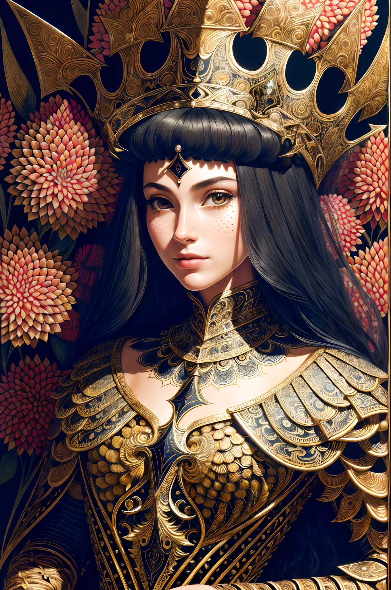 Absurd, High Resolution, Portrait Detail, (Portrait Detail Background, Detailed Background), Portrait Detail, 1 Girl, Bunch of Flowers, (Zentangle:1.1), (Geometric:1.1), Beautiful Flowing Hair, Fine Anatomy, Dramatic, Award Winning , Masterpiece, Masterpiece, (Queen of Spades), (Regal Warrior Outfit), (Full Body), (Crown), (Spade Symbol: 1.25), Wearing iron armor,